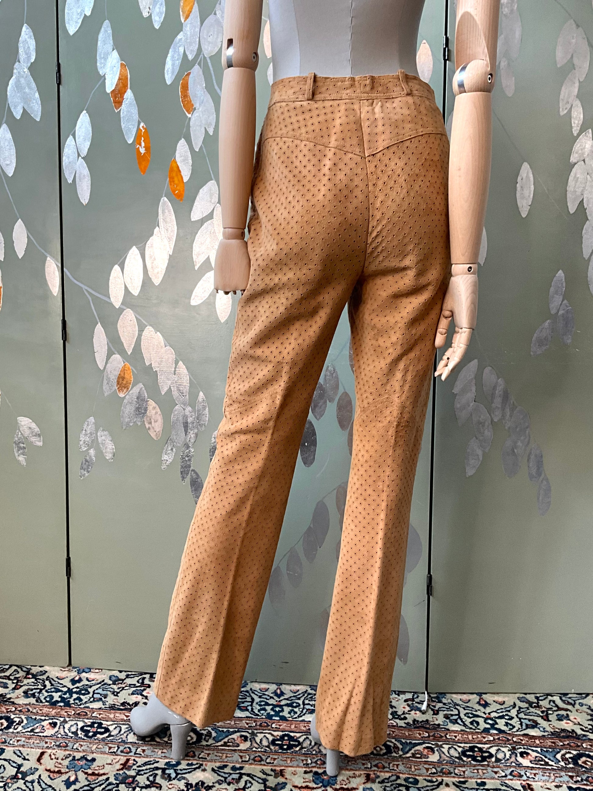 Vintage 1980s Tan Perforated Suede Pant Suit, Small 