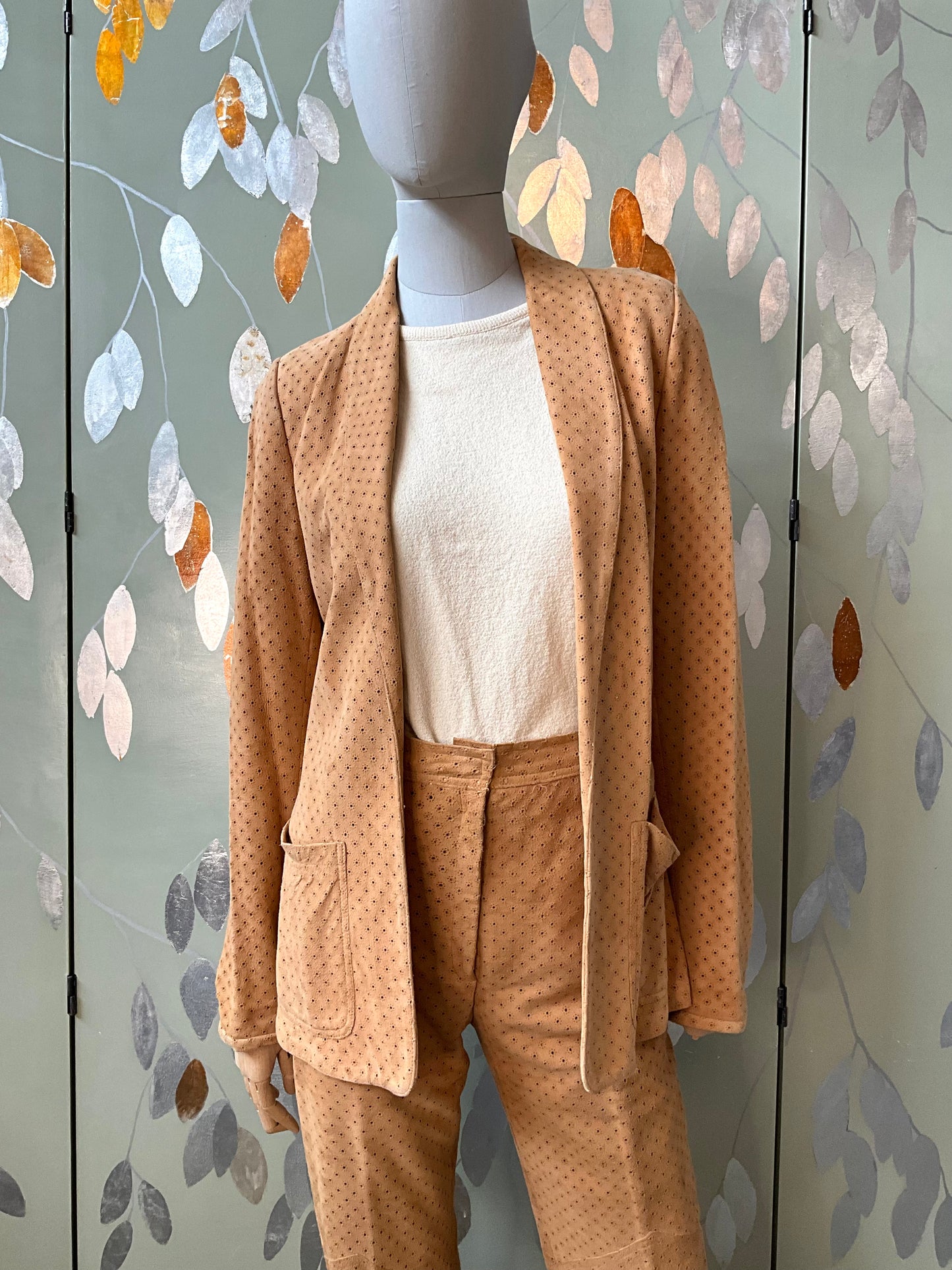 Vintage 1980s Tan Perforated Suede Pant Suit, Small 