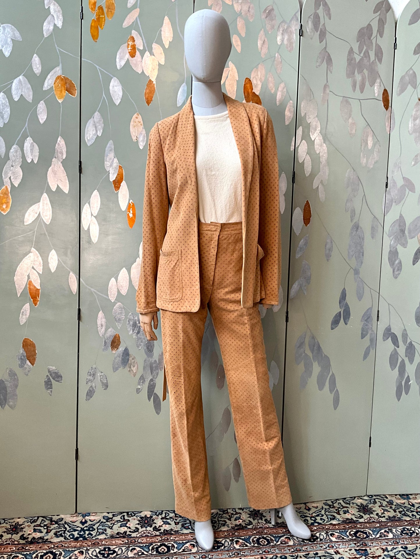 Vintage 1980s Tan Perforated Suede Pant Suit, Small 