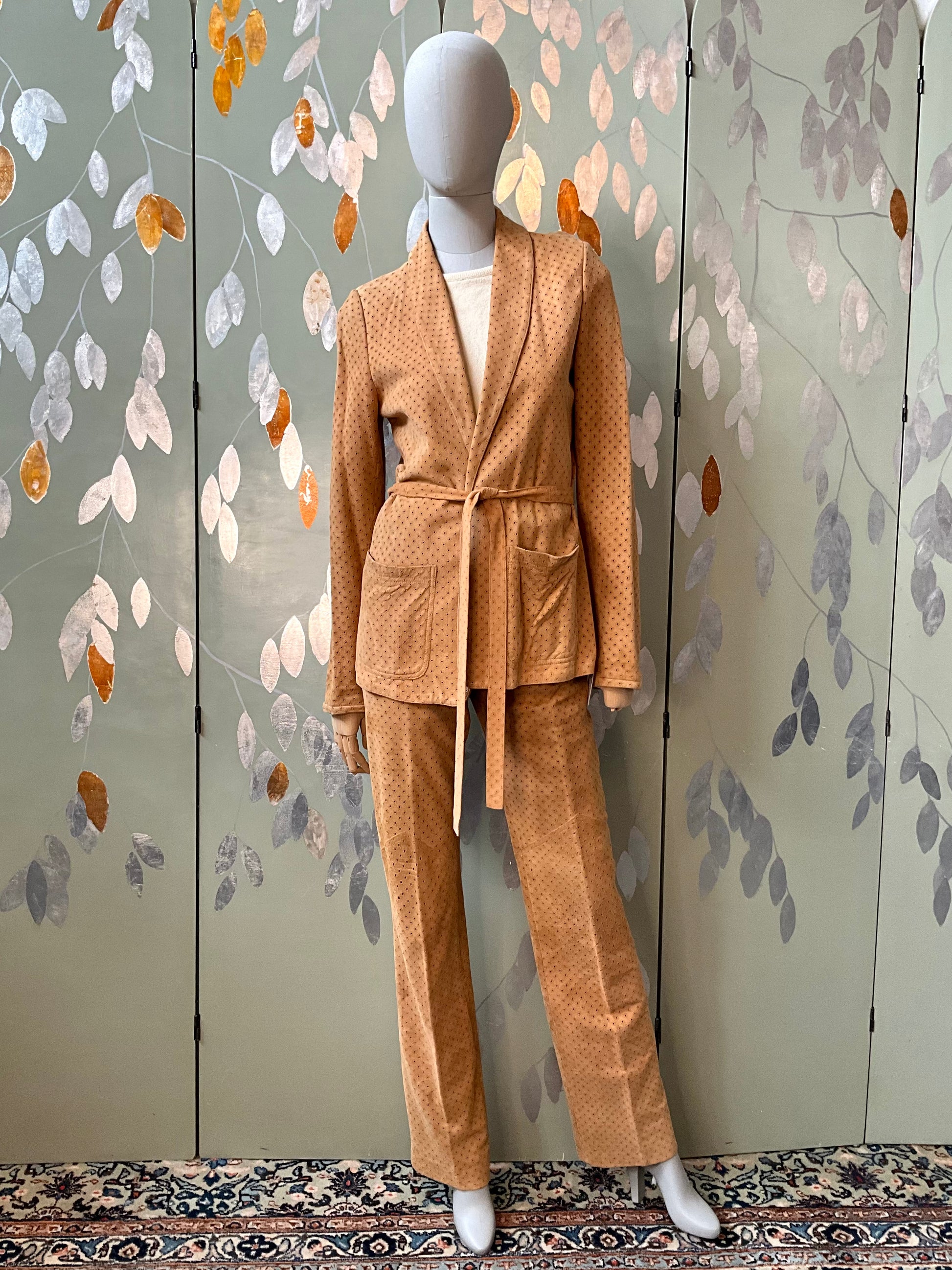 Vintage 1980s Tan Perforated Suede Pant Suit, Small 