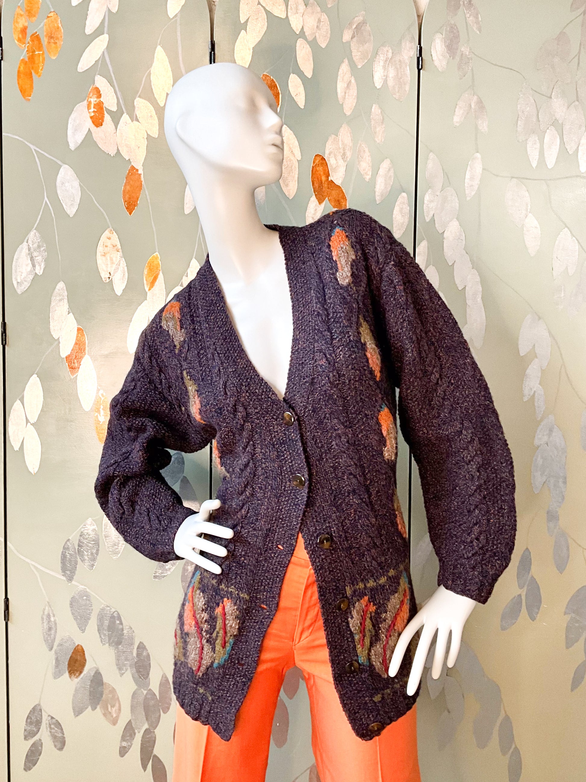 Vintage 1990s Susan Bristol Flecked Purple Autumnal Cable Knit Cardigan, Large