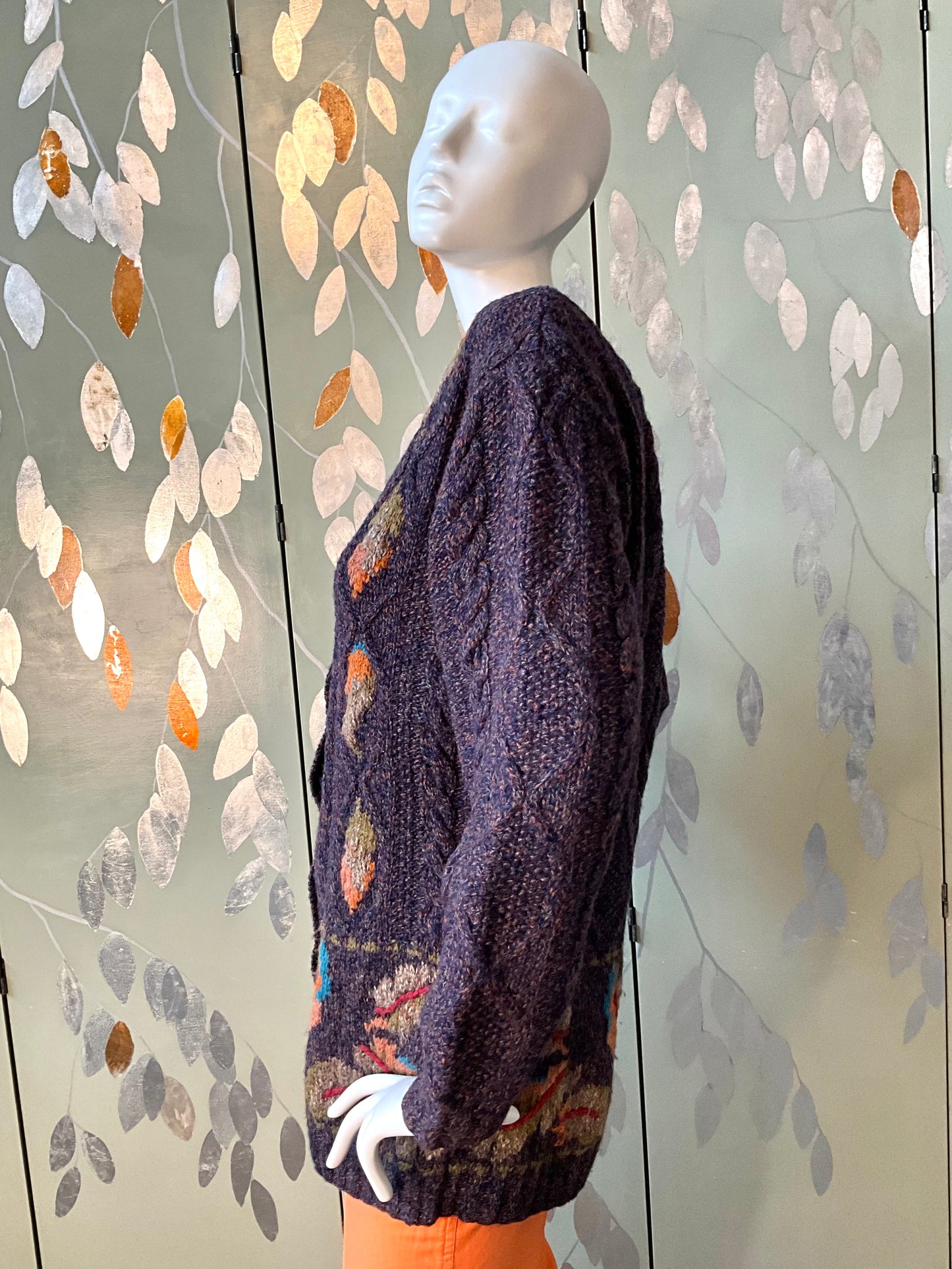 Vintage 1990s Susan Bristol Flecked Purple Autumnal Cable Knit Cardigan, Large