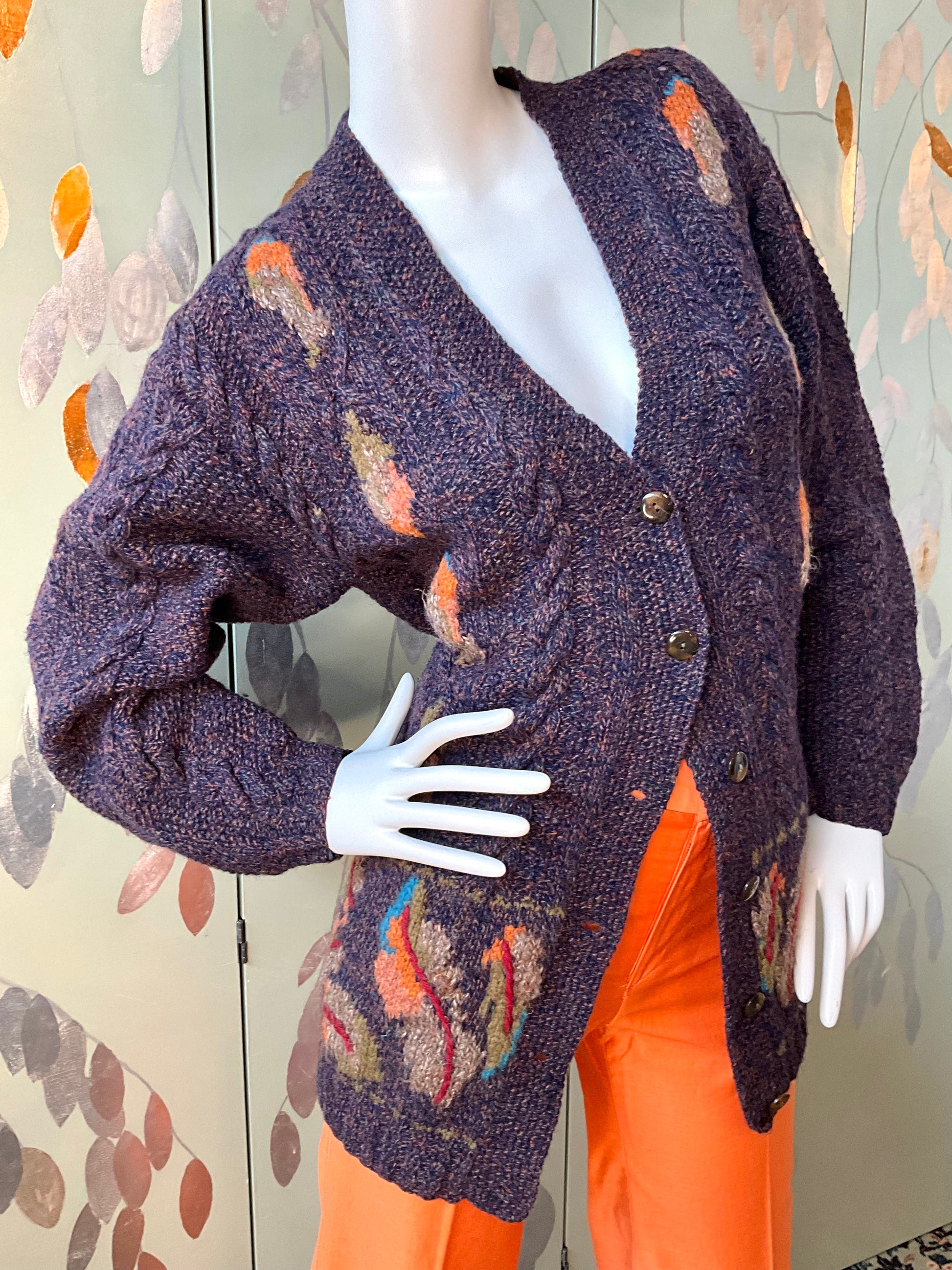 Vintage 1990s Susan Bristol Flecked Purple Autumnal Cable Knit Cardigan, Large