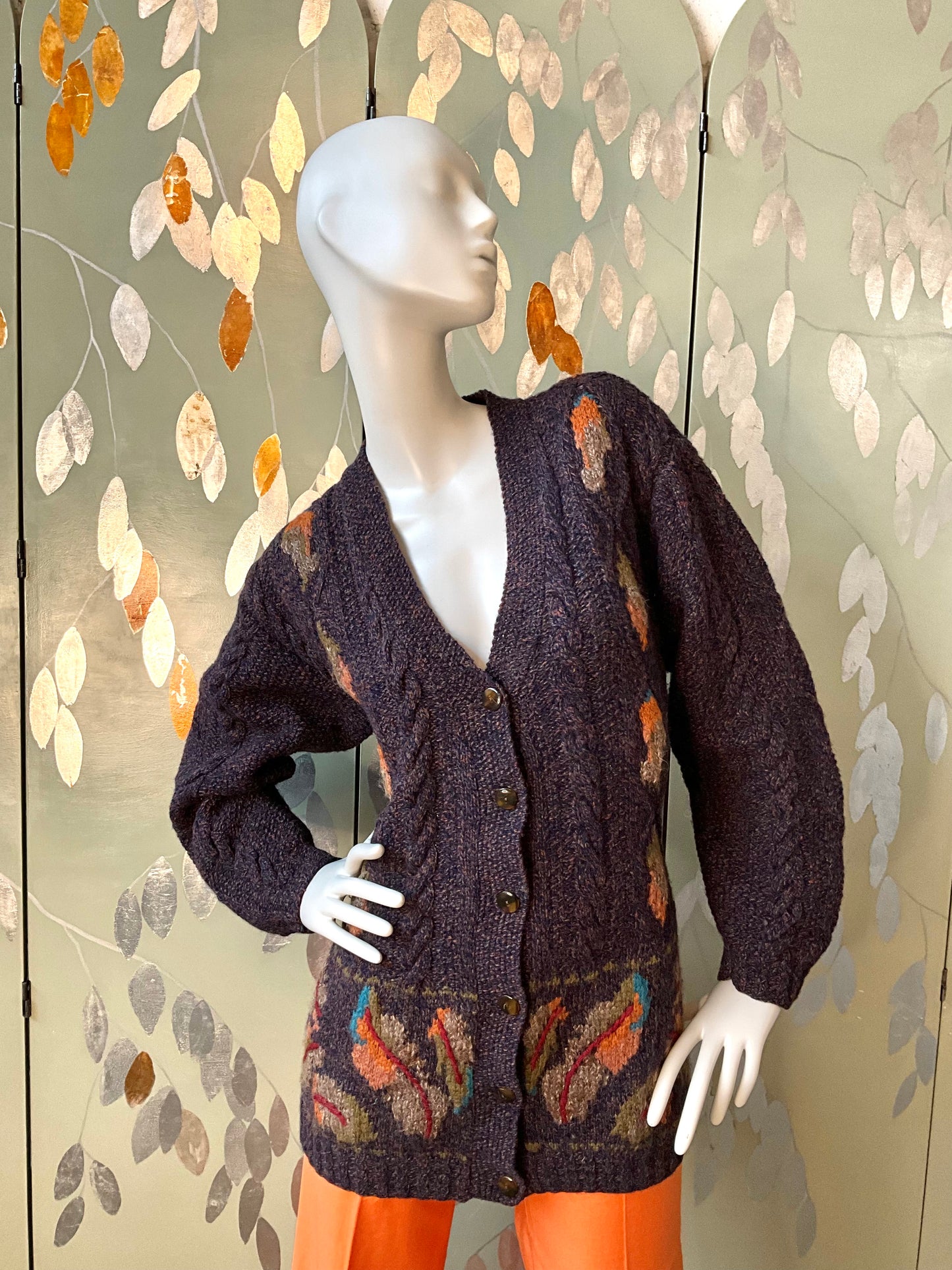 Vintage 1990s Susan Bristol Flecked Purple Autumnal Cable Knit Cardigan, Large