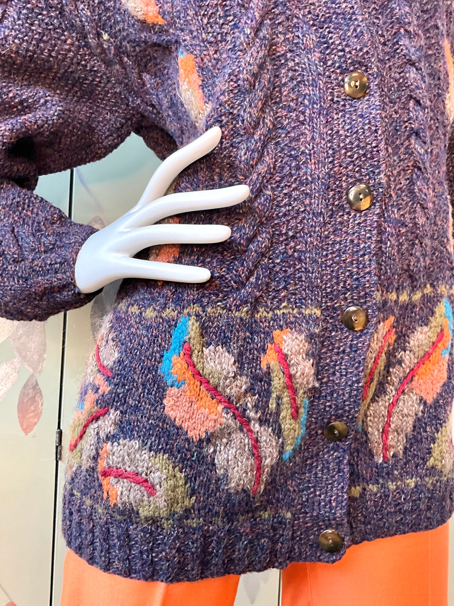 Vintage 1990s Susan Bristol Flecked Purple Autumnal Cable Knit Cardigan, Large