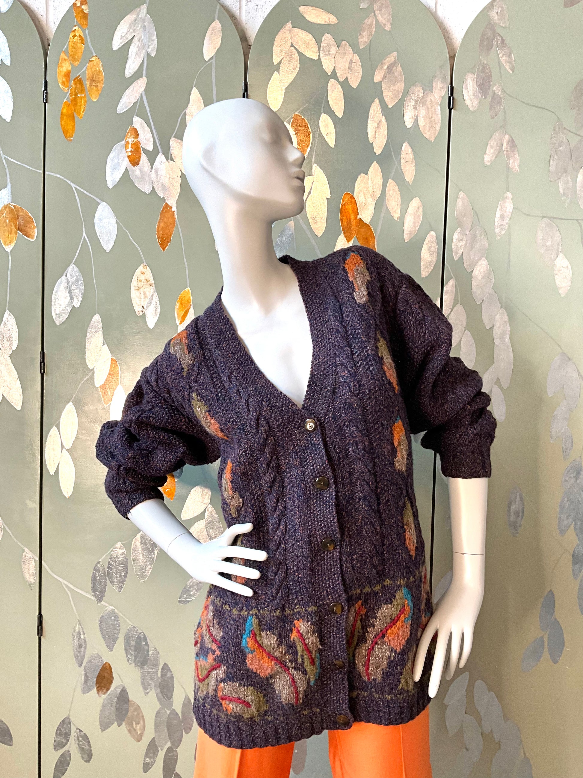 Vintage 1990s Susan Bristol Flecked Purple Autumnal Cable Knit Cardigan, Large