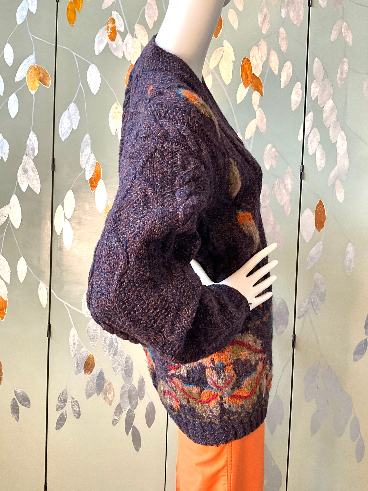 Vintage 1990s Susan Bristol Flecked Purple Autumnal Cable Knit Cardigan, Large