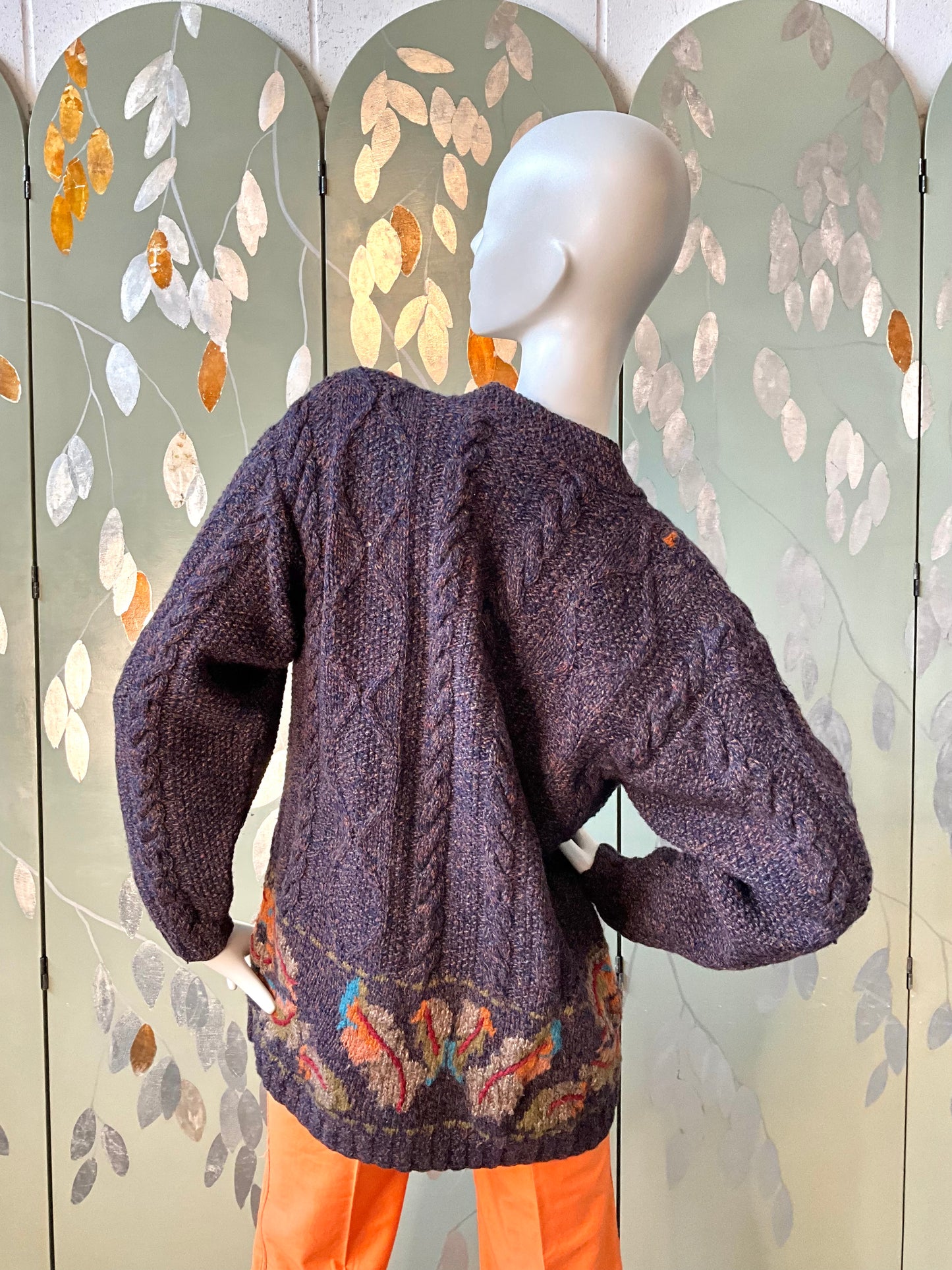 Vintage 1990s Susan Bristol Flecked Purple Autumnal Cable Knit Cardigan, Large