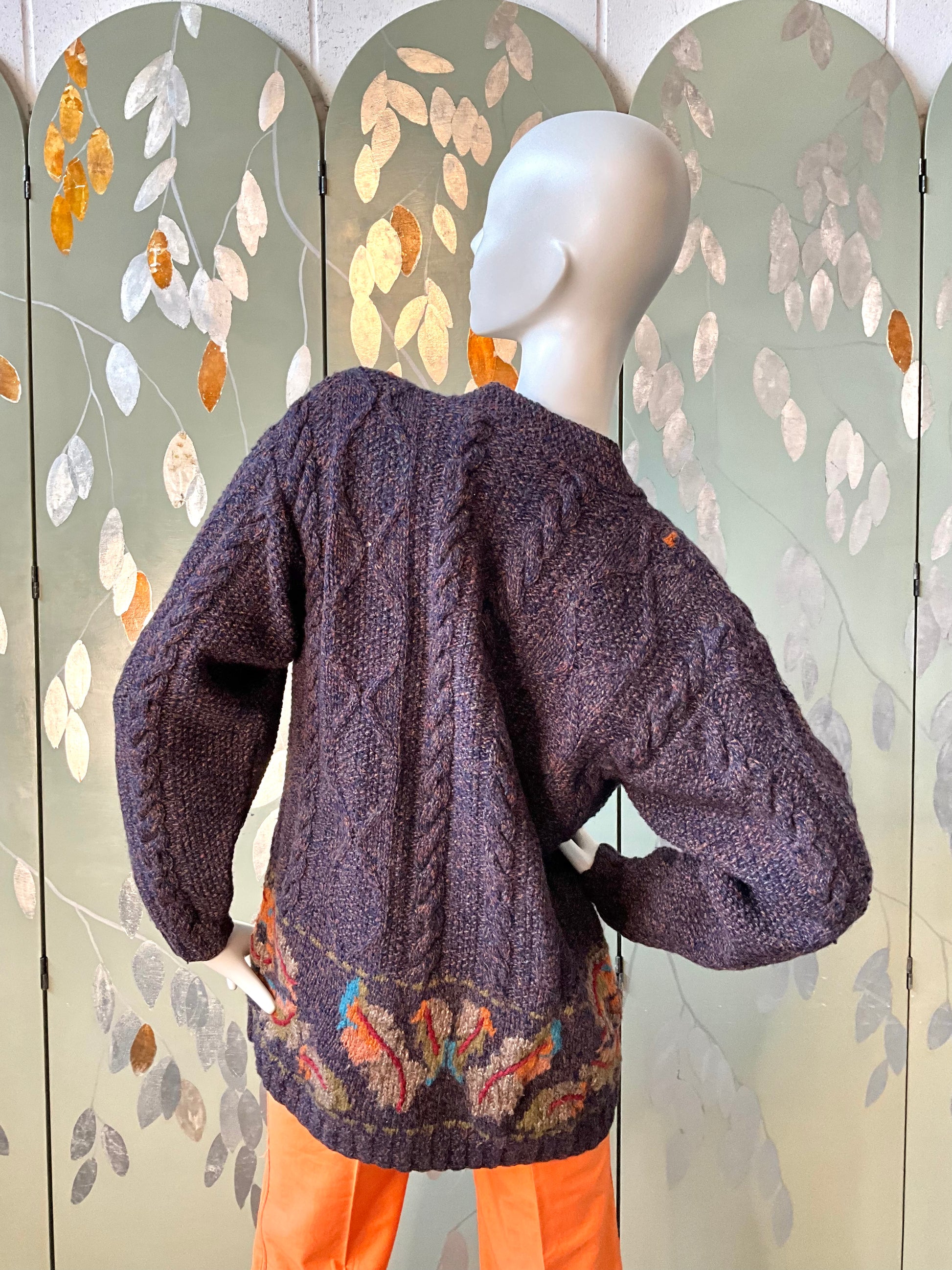 Vintage 1990s Susan Bristol Flecked Purple Autumnal Cable Knit Cardigan, Large