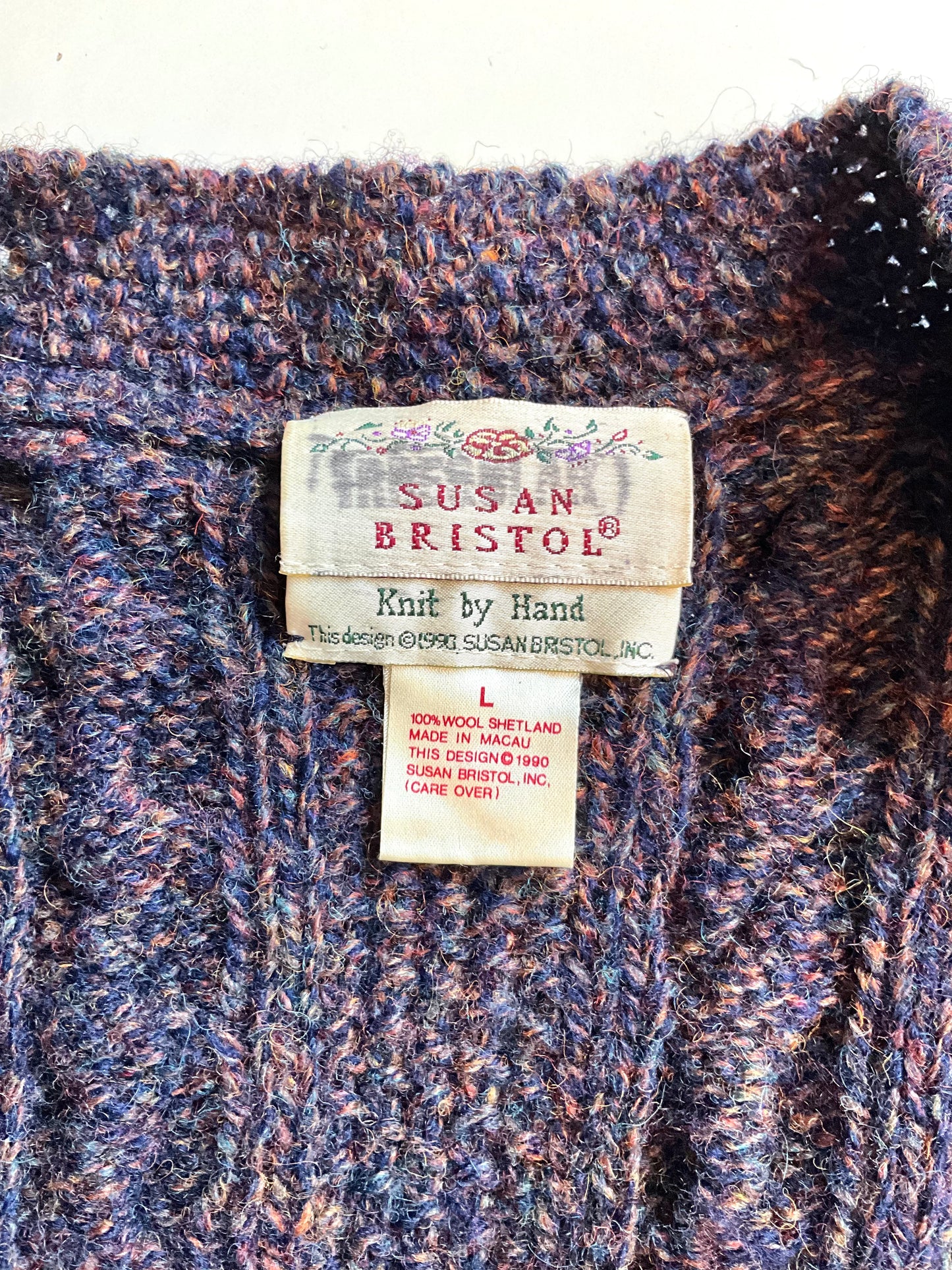 Vintage 1990s Susan Bristol Flecked Purple Autumnal Cable Knit Cardigan, Large