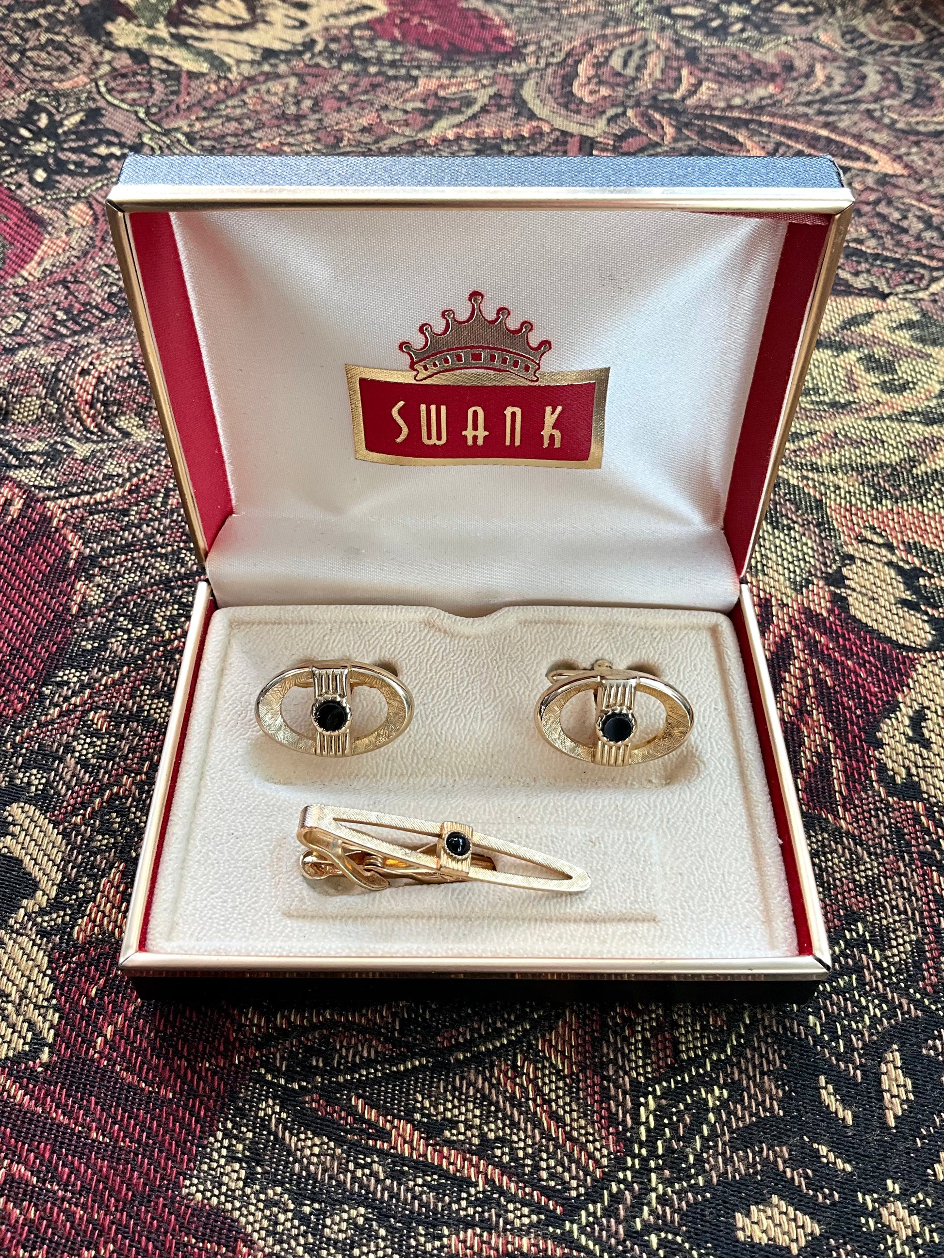 Vintage Swank Gold Tone Black Stone Cufflinks and Tie Clip Set In Box 