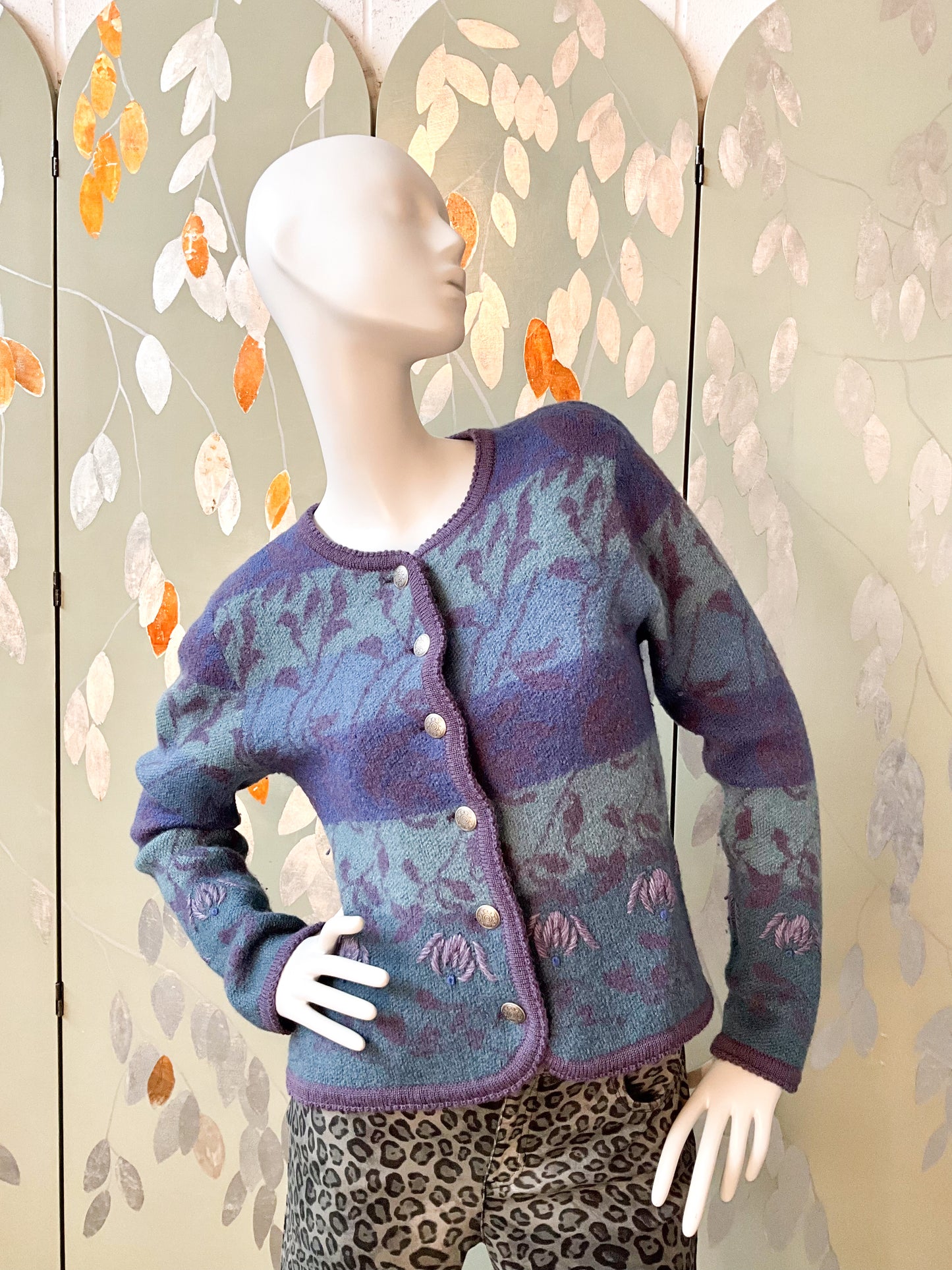 Vintage 1980s Purple and Blue Embroidered Cardigan, Large 