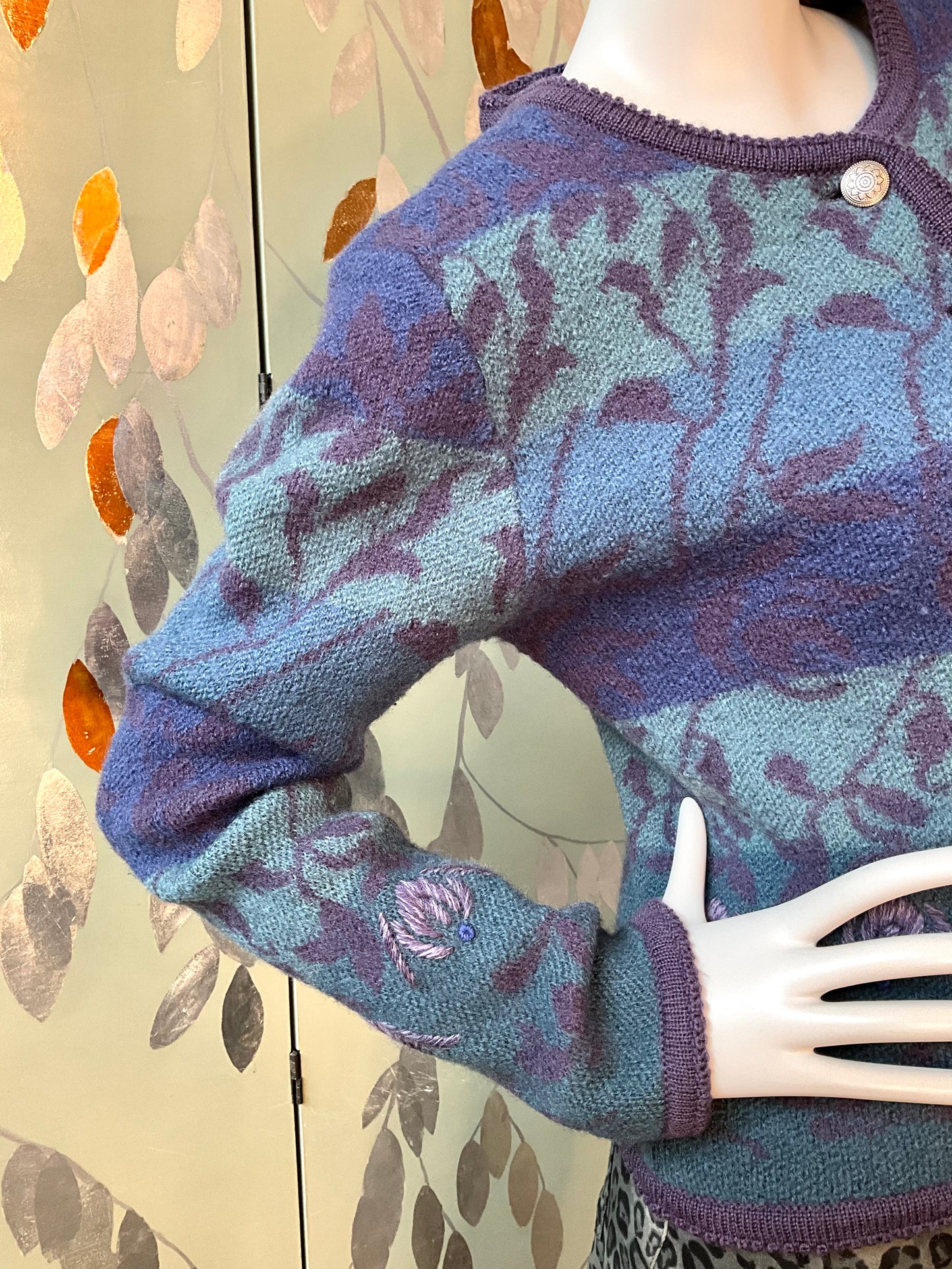 Vintage 1980s Purple and Blue Embroidered Cardigan, Large 