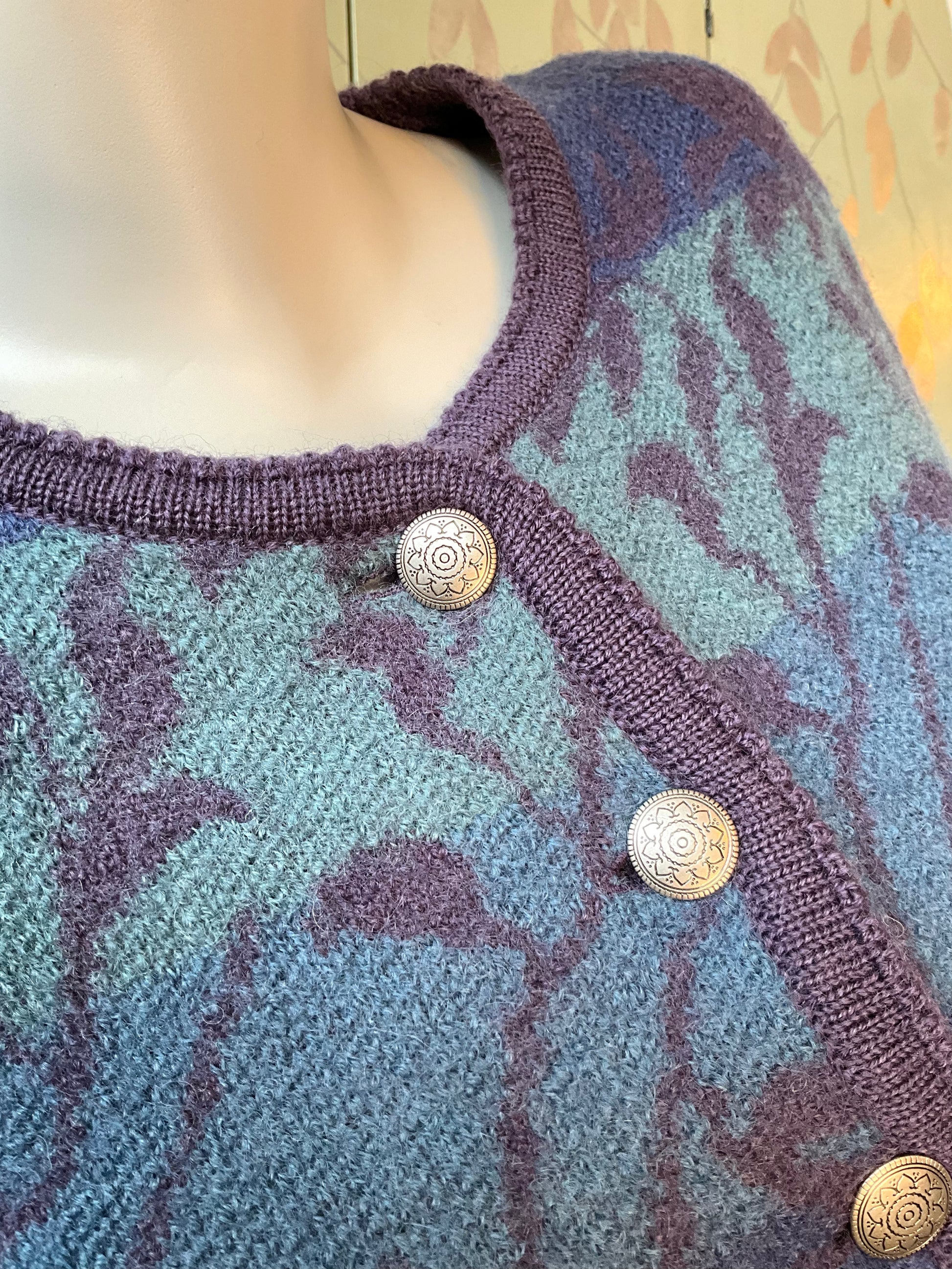 Vintage 1980s Purple and Blue Embroidered Cardigan, Large 