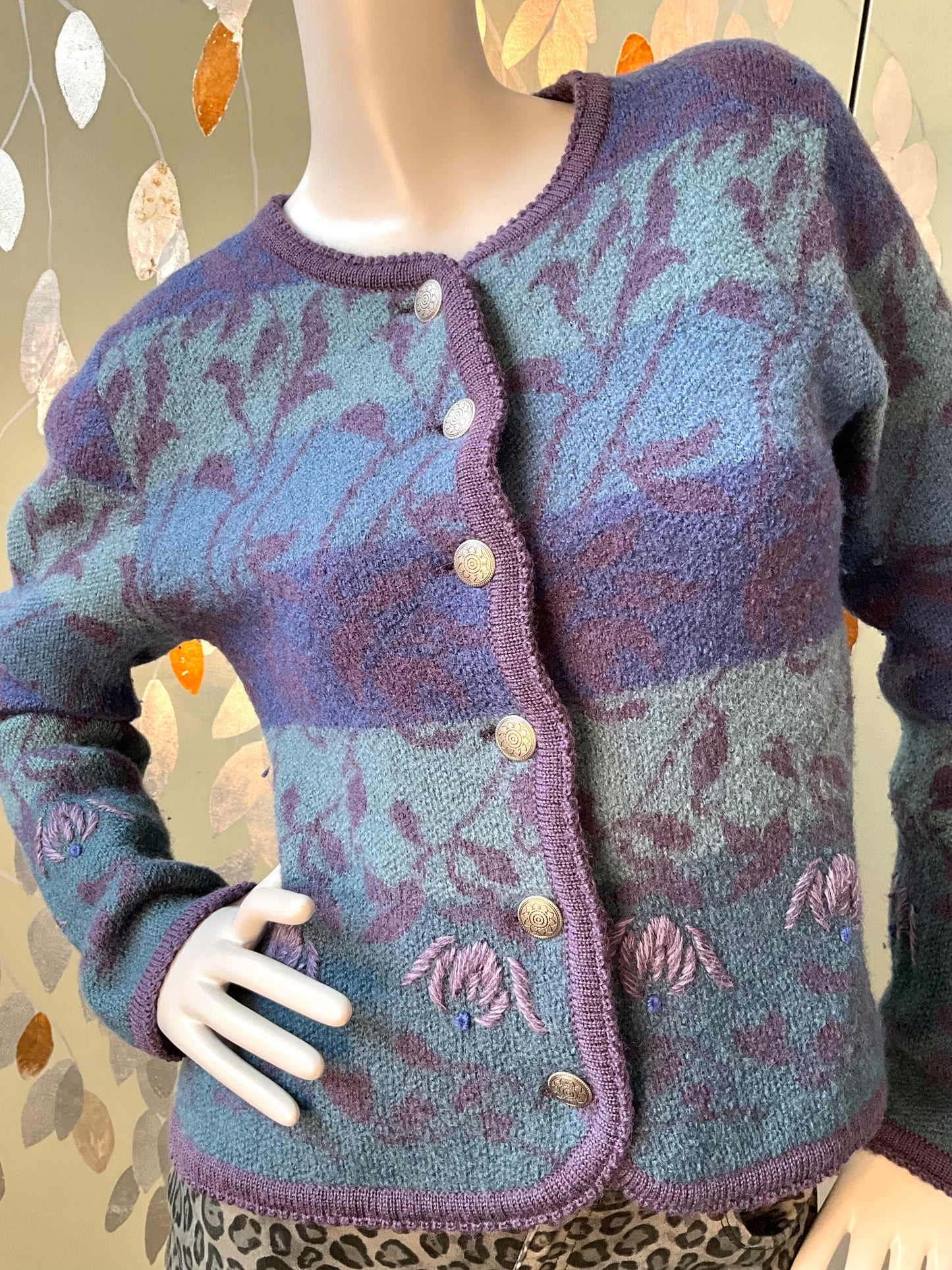 Vintage 1980s Purple and Blue Embroidered Cardigan, Large 