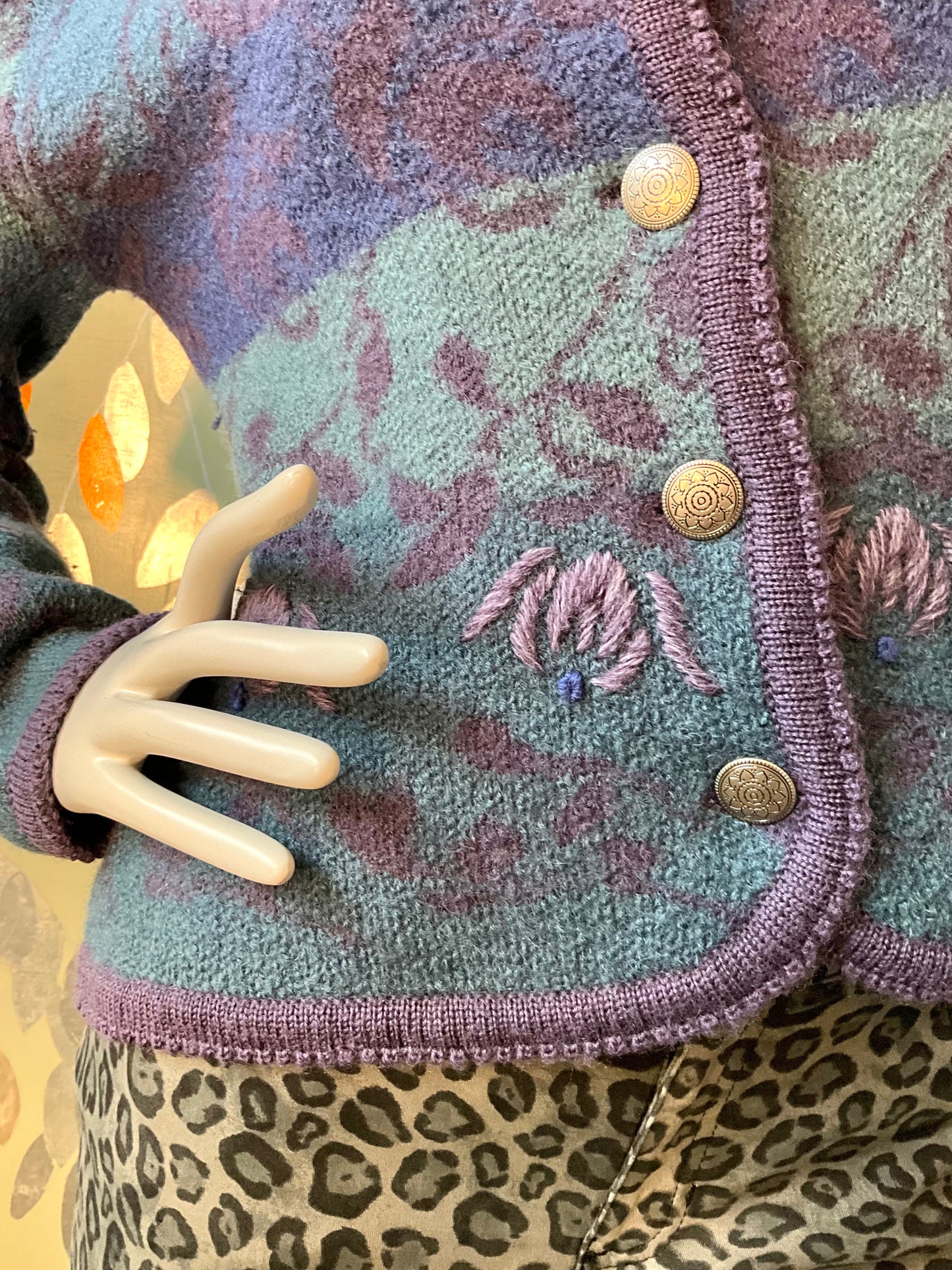 Vintage 1980s Purple and Blue Embroidered Cardigan, Large 