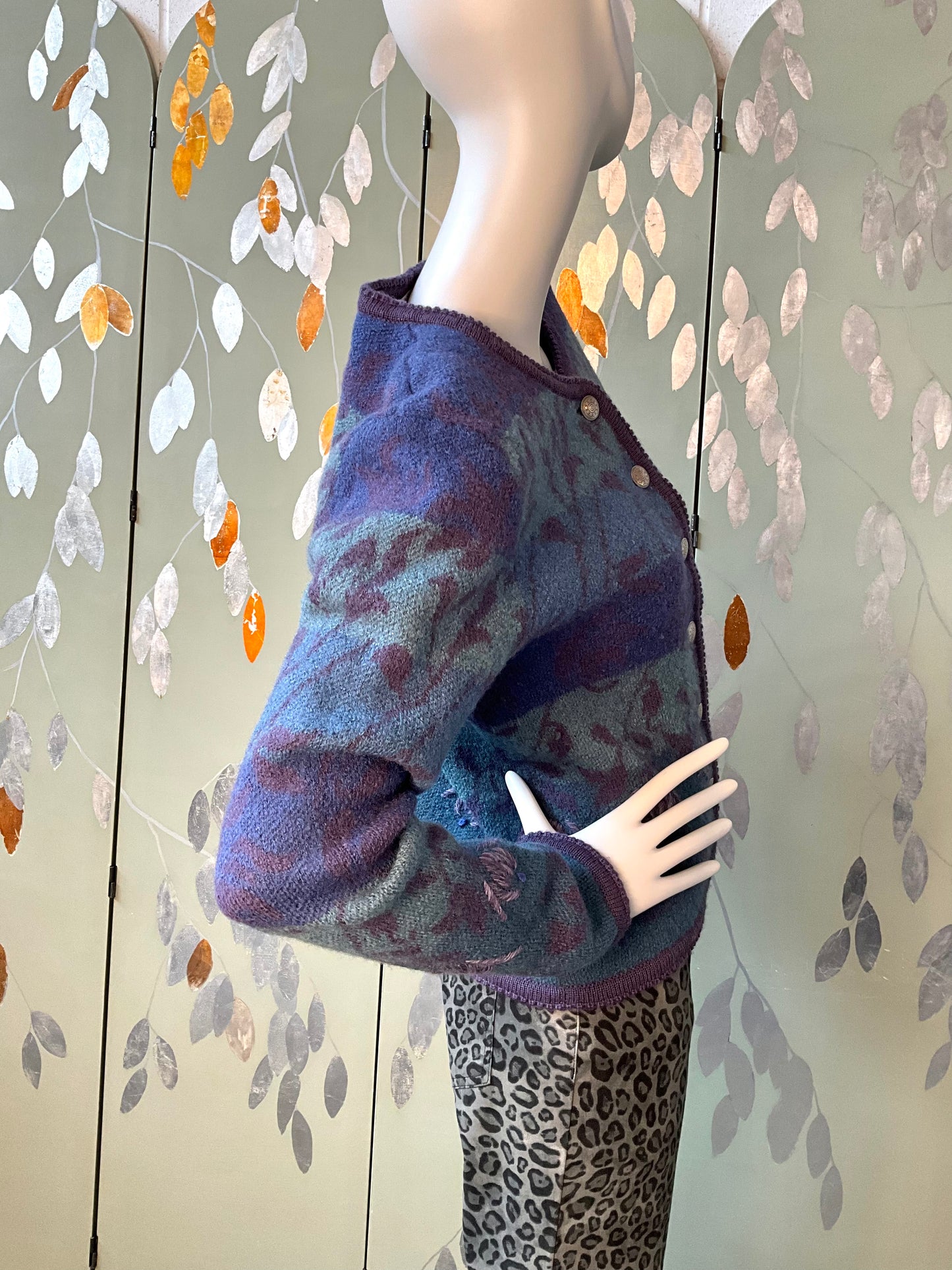 Vintage 1980s Purple and Blue Embroidered Cardigan, Large 