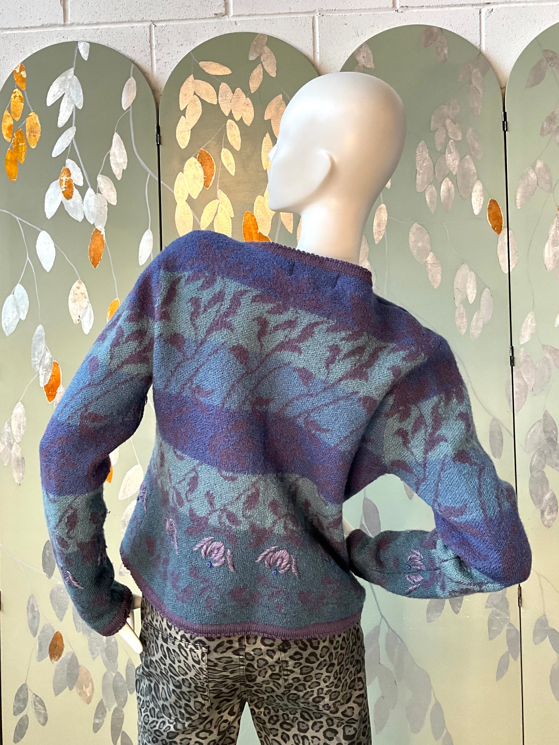 Vintage 1980s Purple and Blue Embroidered Cardigan, Large 