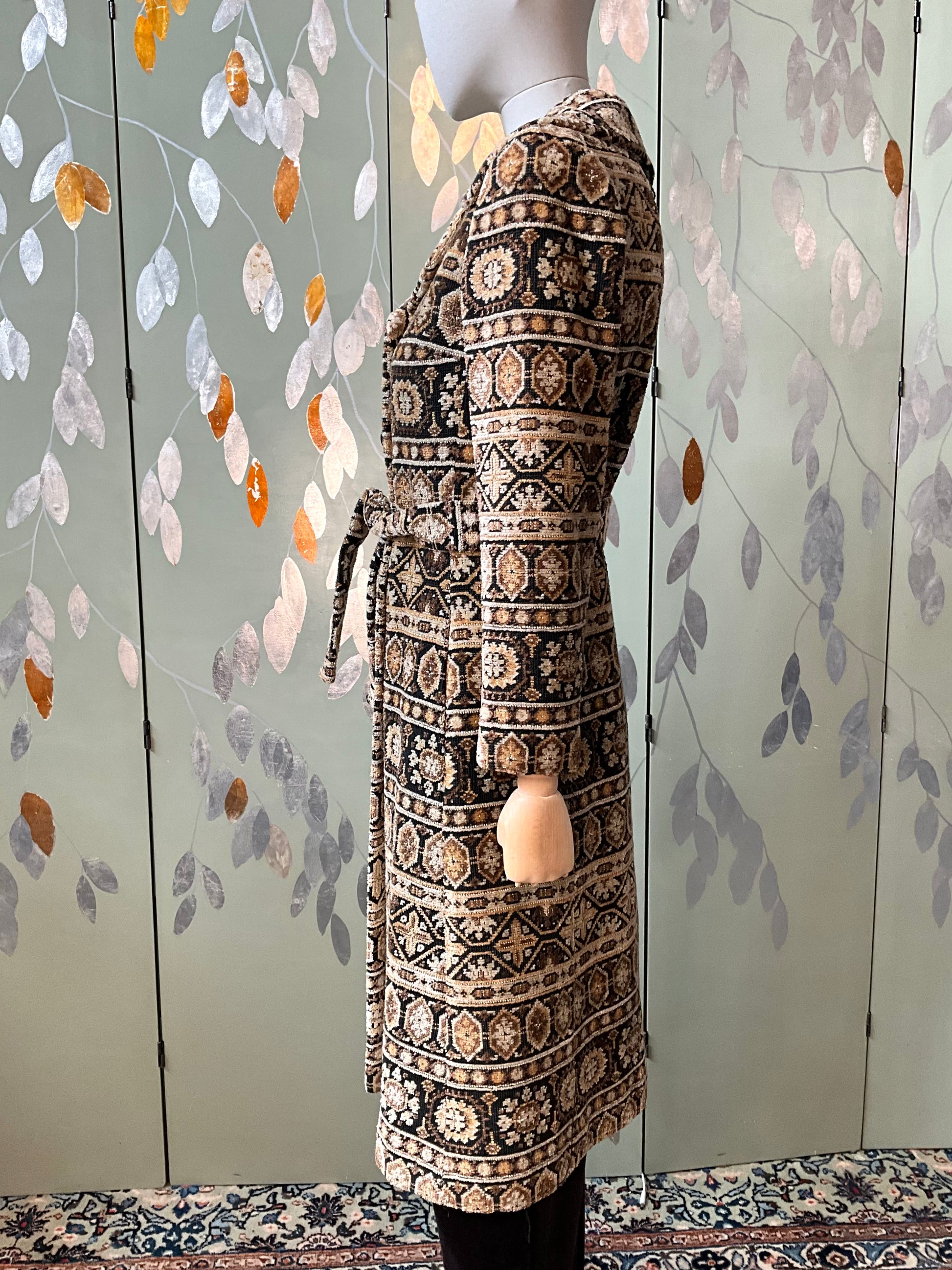 Vintage 1970s Brown Mid-Length Tapestry Coat, XS