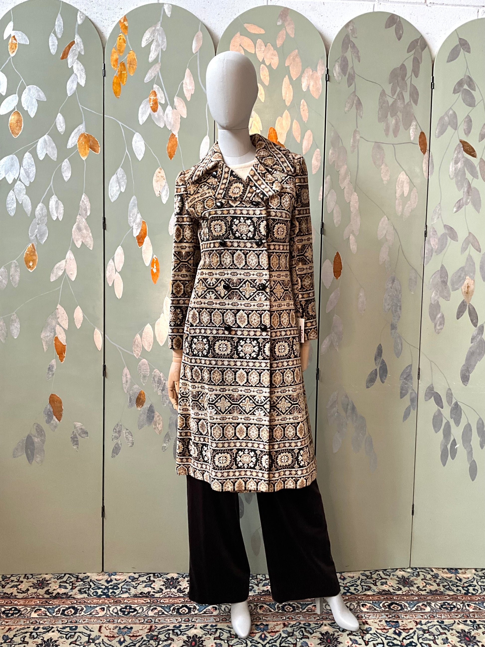 Vintage 1970s Brown Mid-Length Tapestry Coat, XS