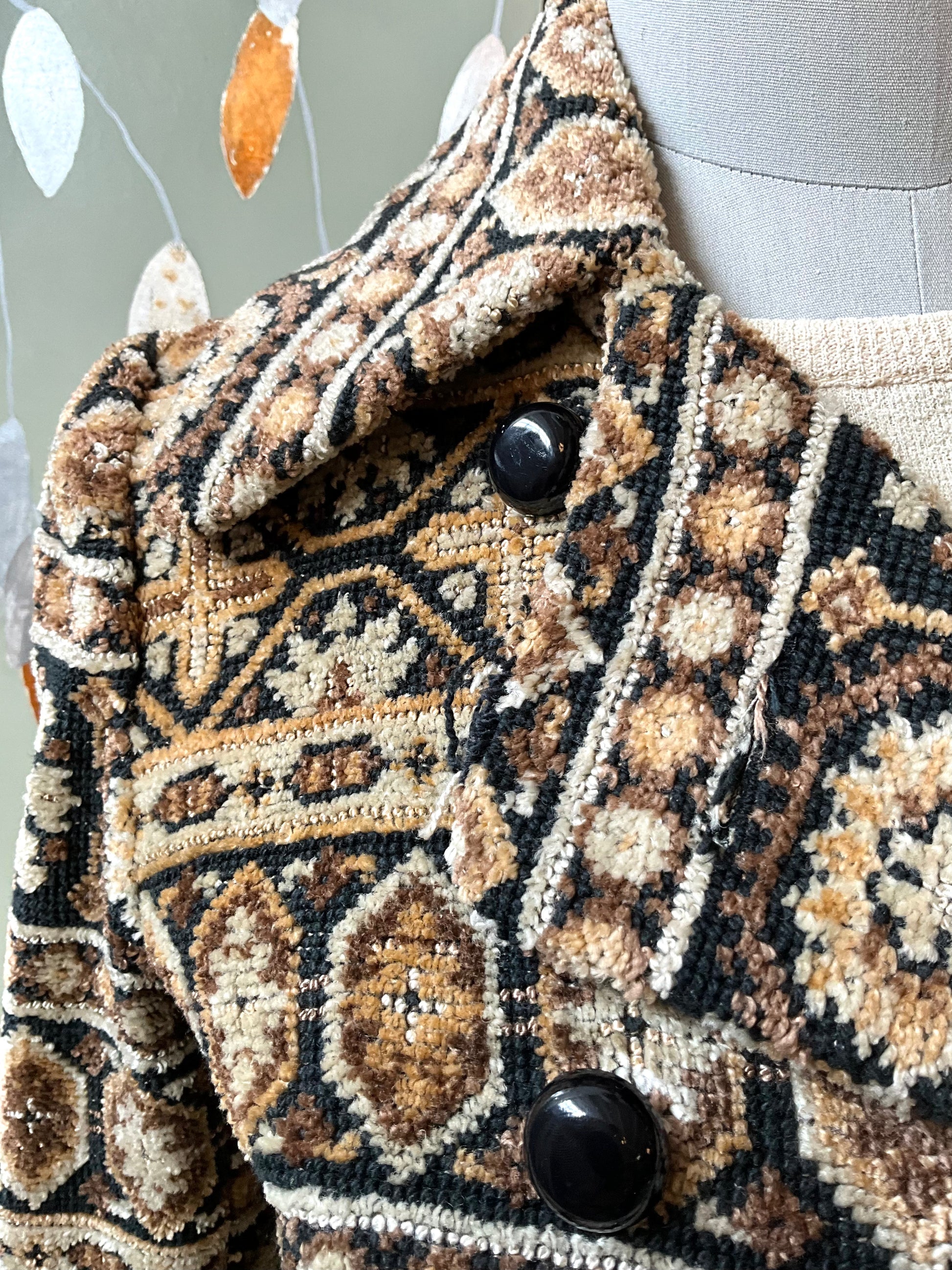 Vintage 1970s Brown Mid-Length Tapestry Coat, XS