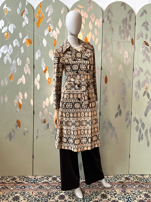 Vintage 1970s Brown Mid-Length Tapestry Coat, XS