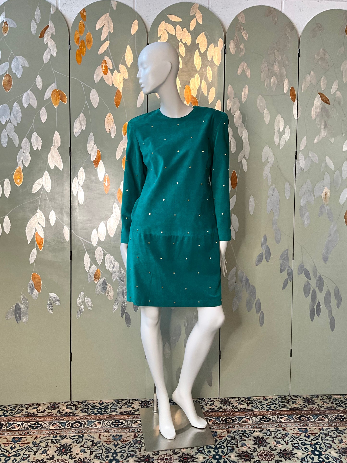 Vintage 1980s Malachite Green Leather Studded Shift Dress, Large 