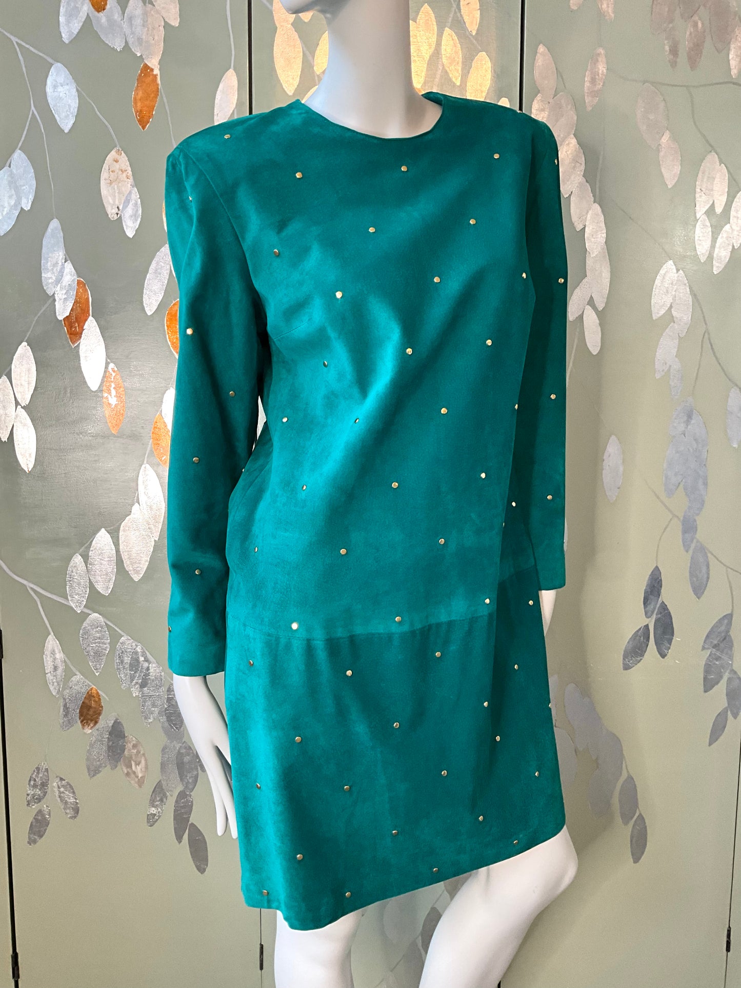 Vintage 1980s Malachite Green Leather Studded Shift Dress, Large 