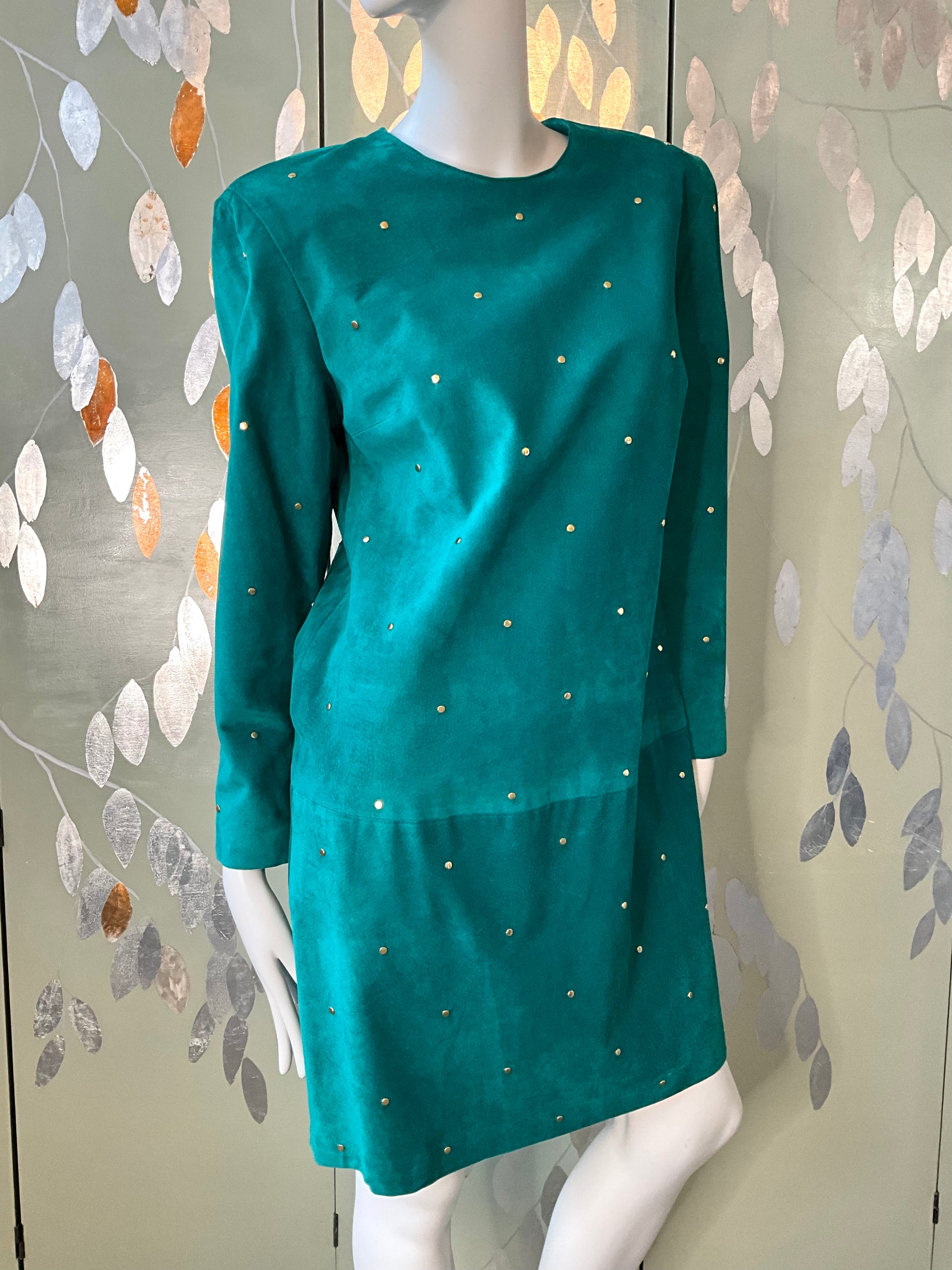 Vintage 1980s Malachite Green Leather Studded Shift Dress, Large 