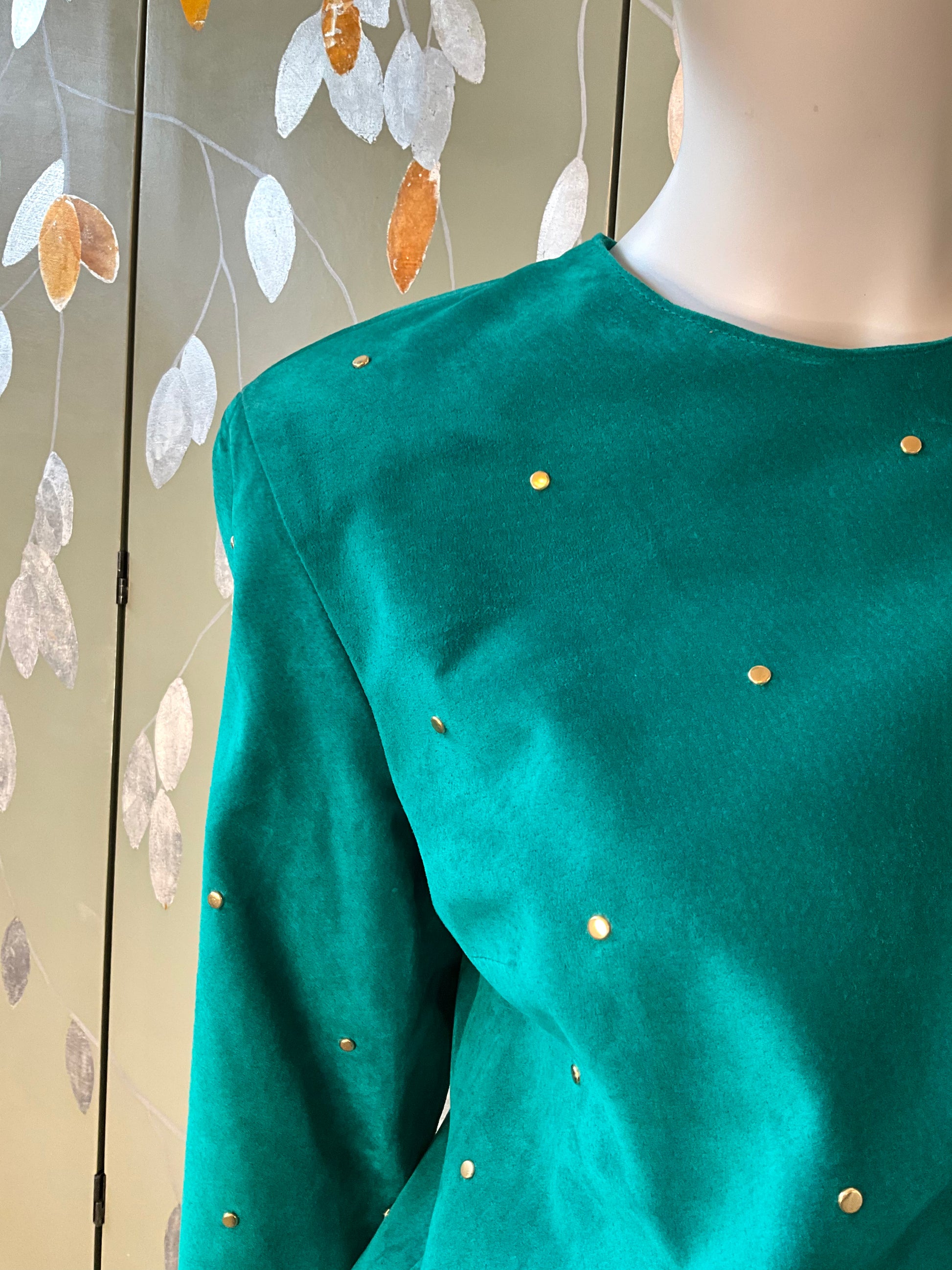 Vintage 1980s Malachite Green Leather Studded Shift Dress, Large 