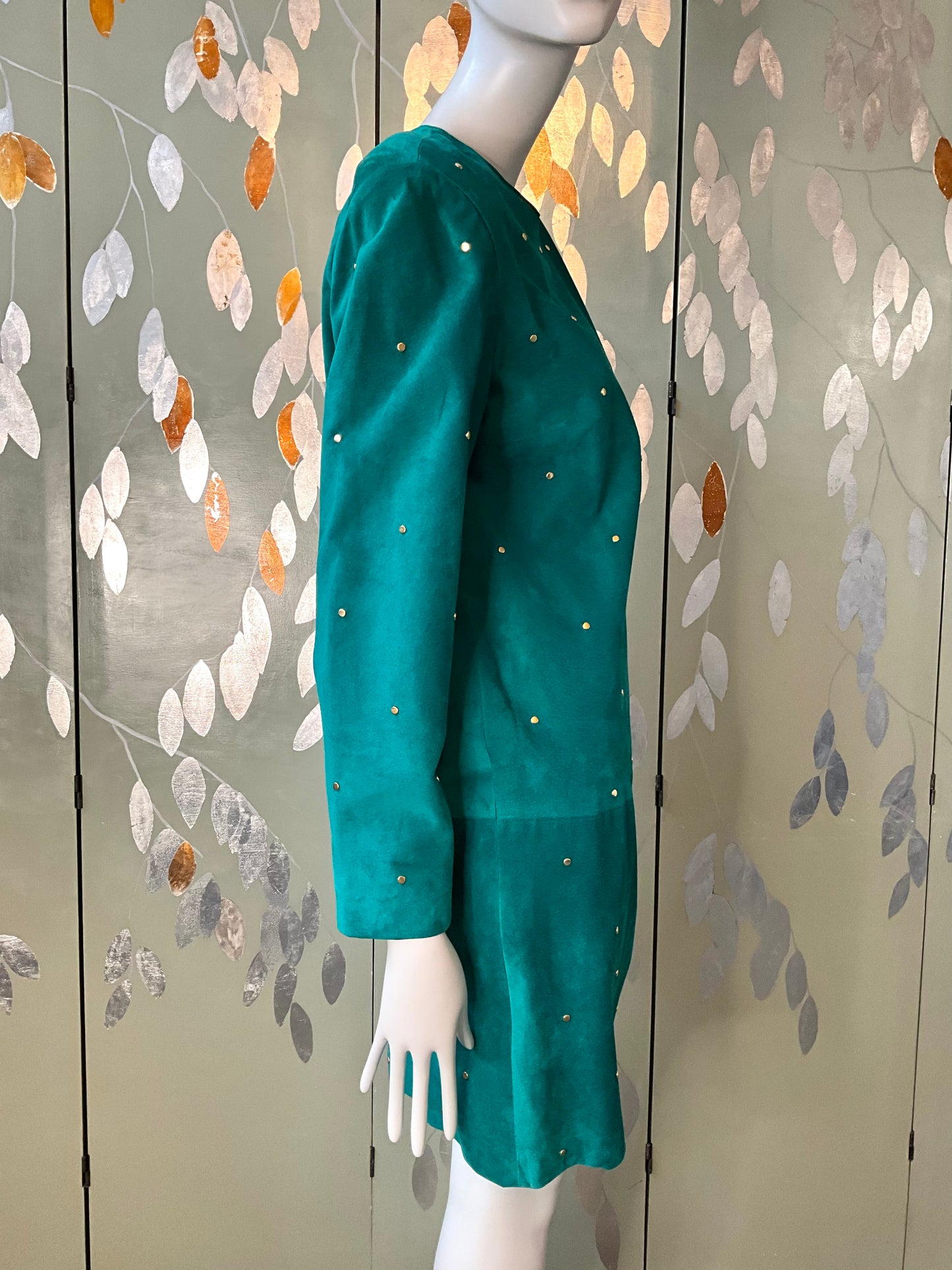 Vintage 1980s Malachite Green Leather Studded Shift Dress, Large 