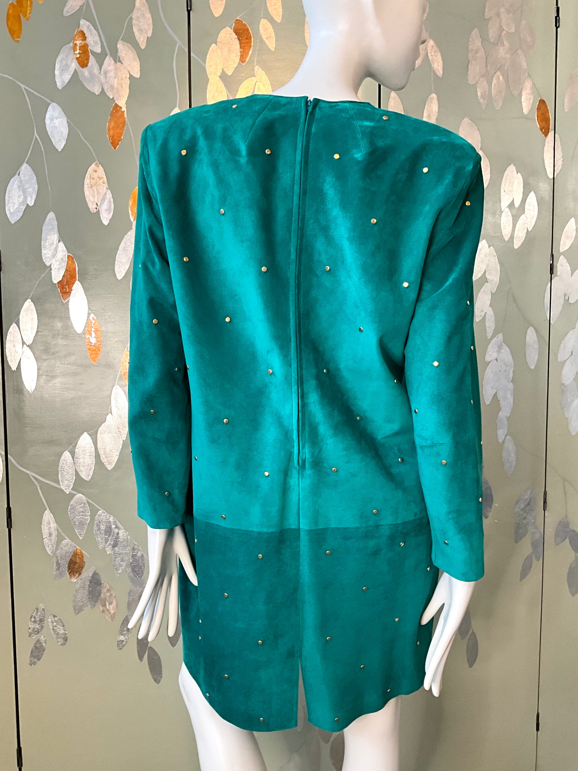 Vintage 1980s Malachite Green Leather Studded Shift Dress, Large 