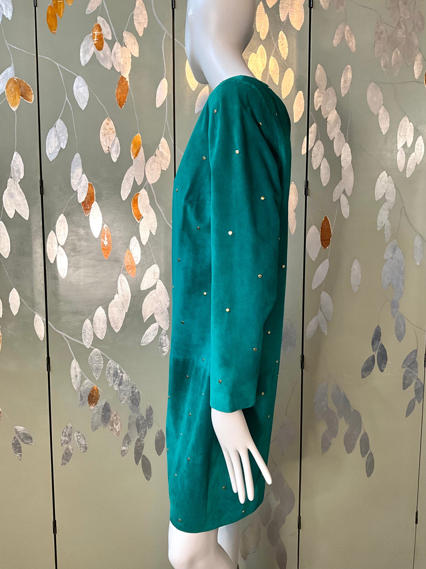 Vintage 1980s Malachite Green Leather Studded Shift Dress, Large 