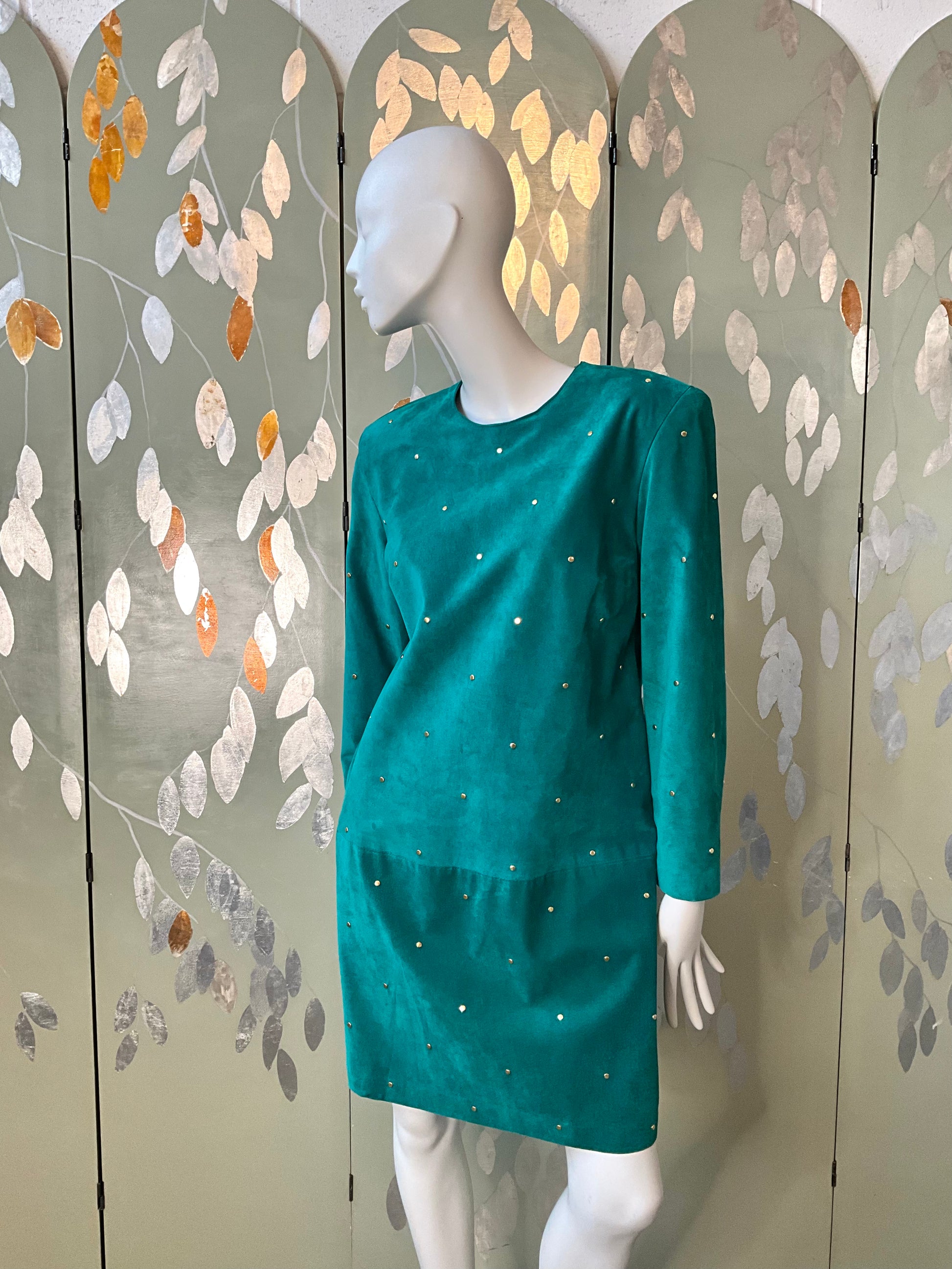 Vintage 1980s Malachite Green Leather Studded Shift Dress, Large 
