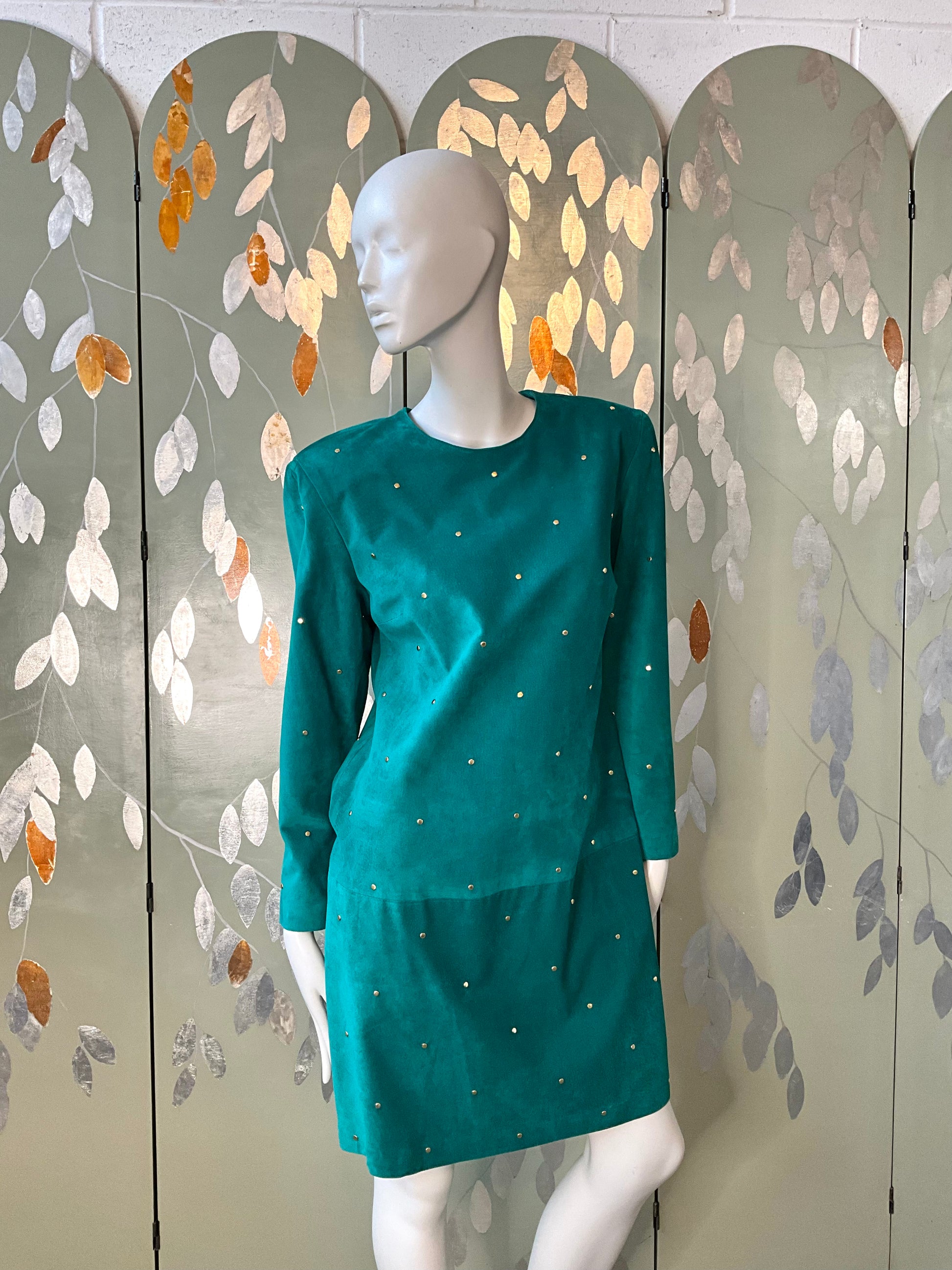 Vintage 1980s Malachite Green Leather Studded Shift Dress, Large 