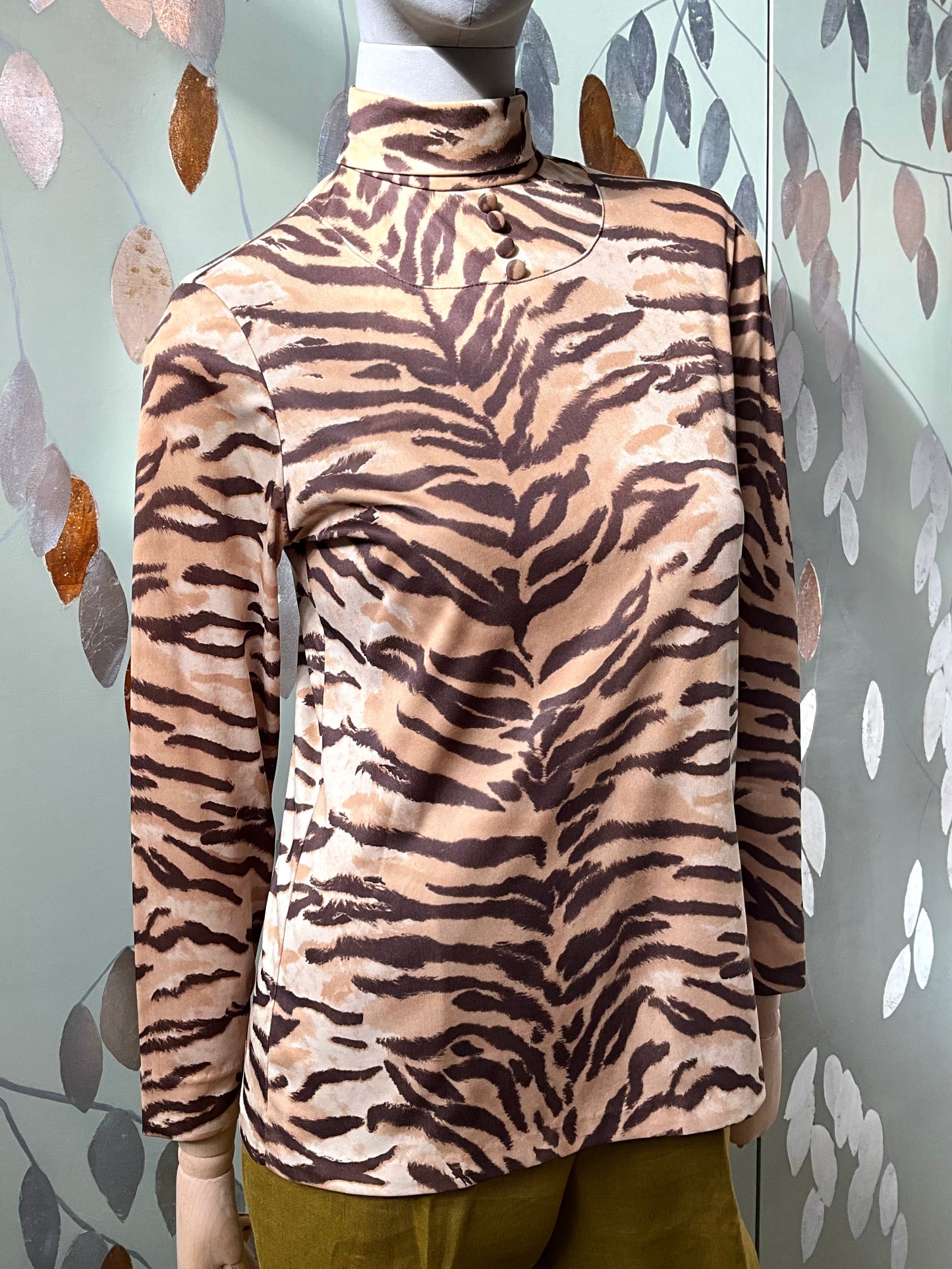 Vintage 1980s Tiger Print Turtleneck Long Sleeve Top, S/M