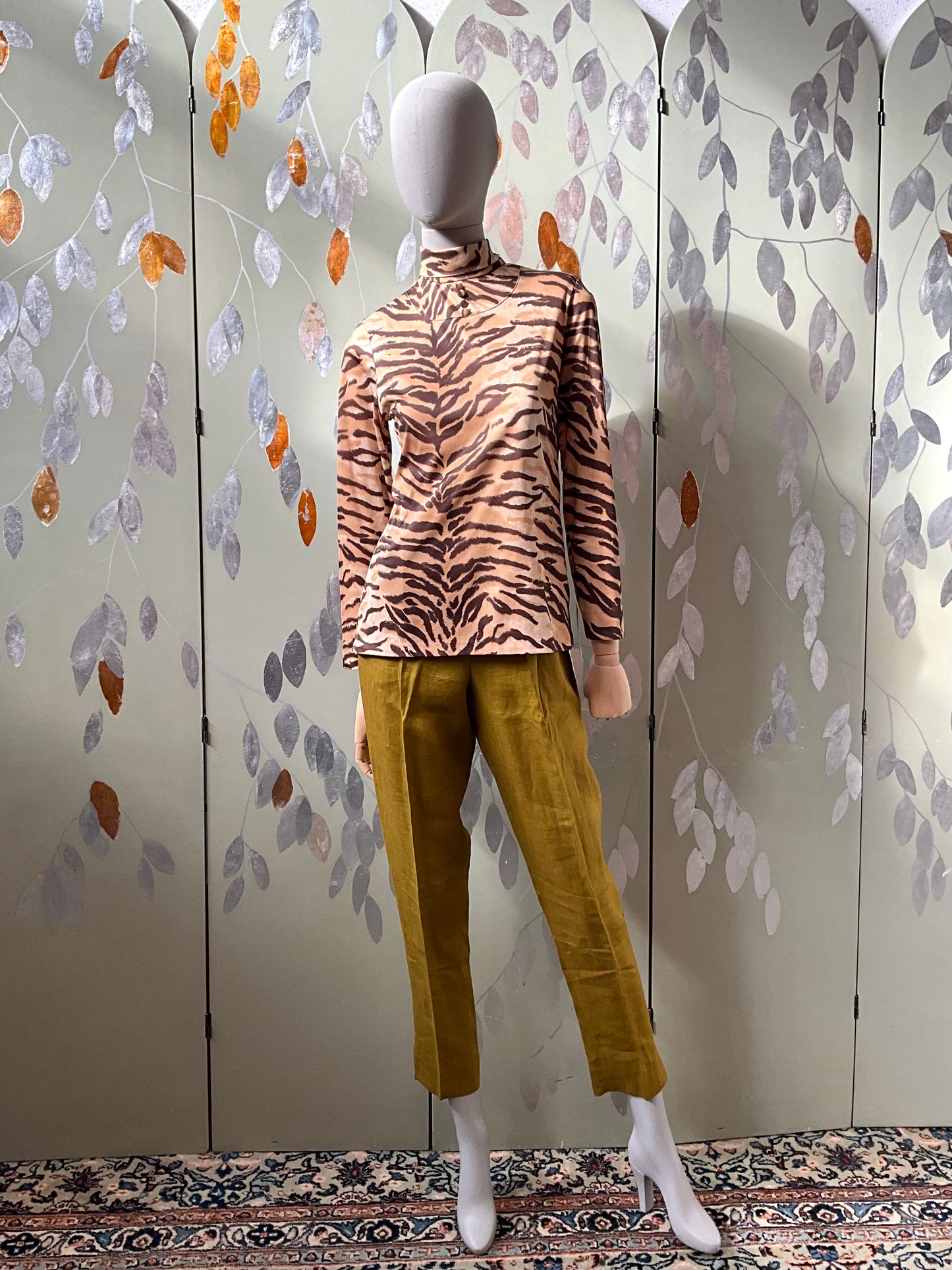 Vintage 1980s Tiger Print Turtleneck Long Sleeve Top, S/M