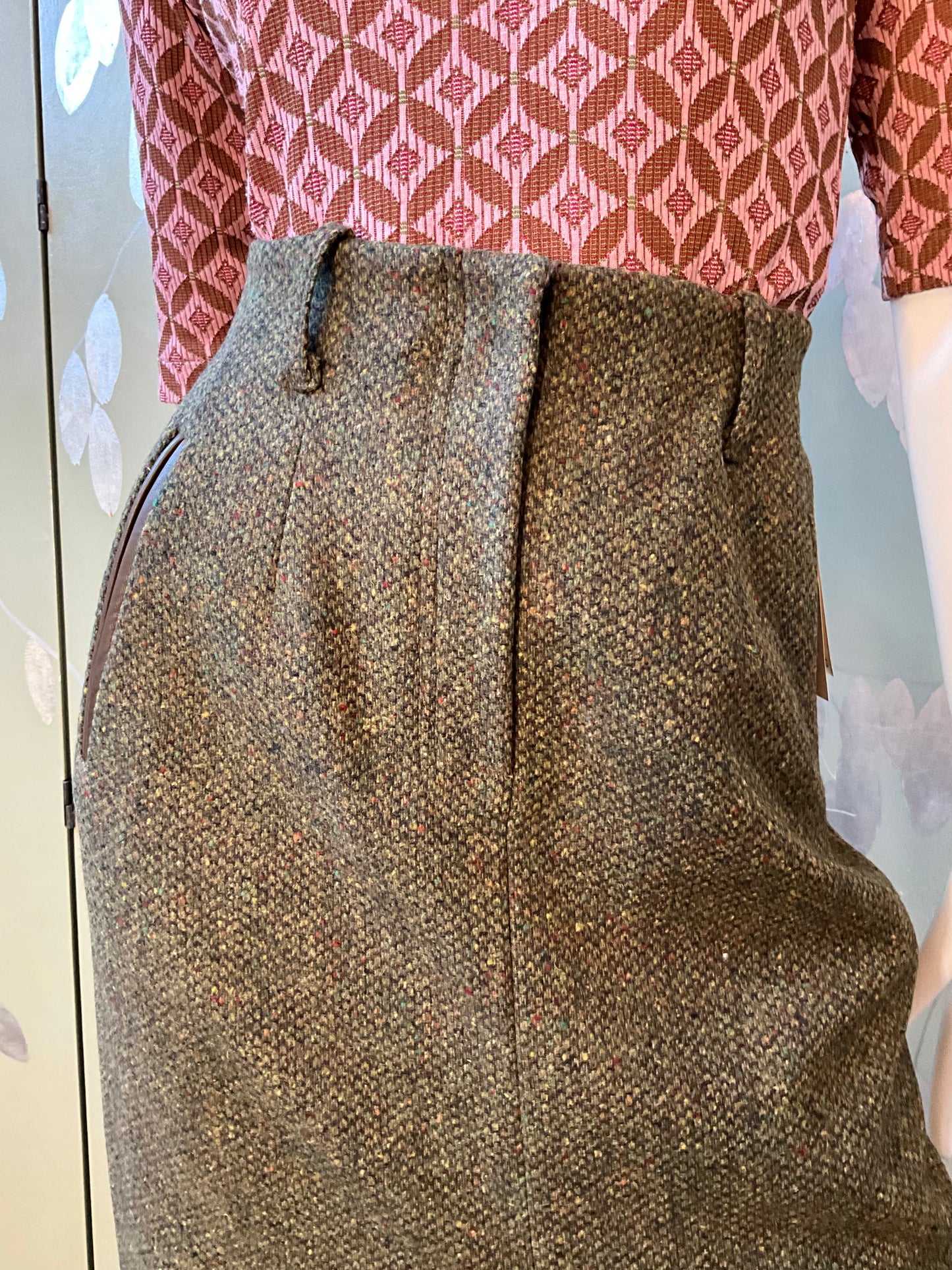 Vintage 1980s Deadstock Green Flecked Tweed Straight Midi Skirt, W30