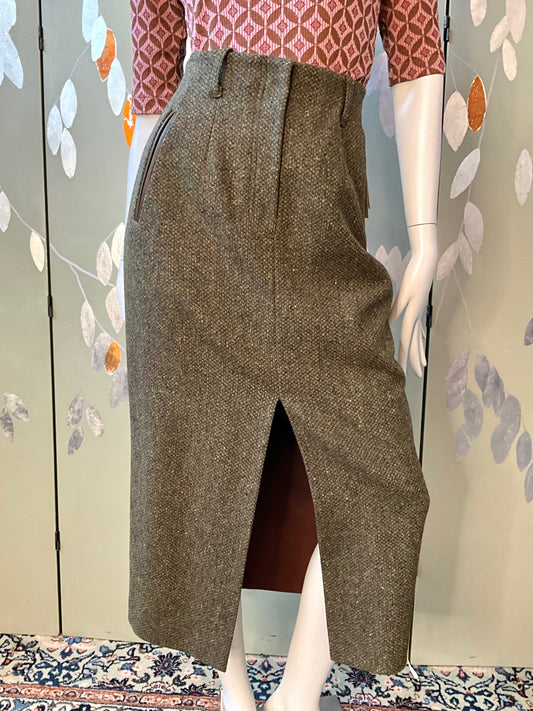 Vintage 1980s Deadstock Green Flecked Tweed Straight Midi Skirt, W30
