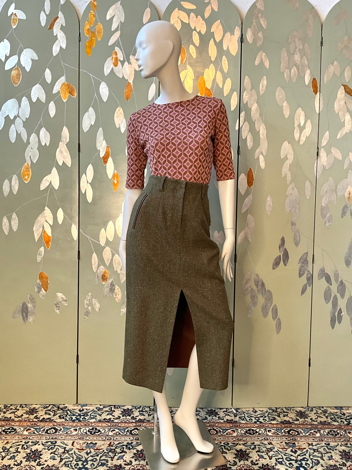 Vintage 1980s Deadstock Green Flecked Tweed Straight Midi Skirt, W30