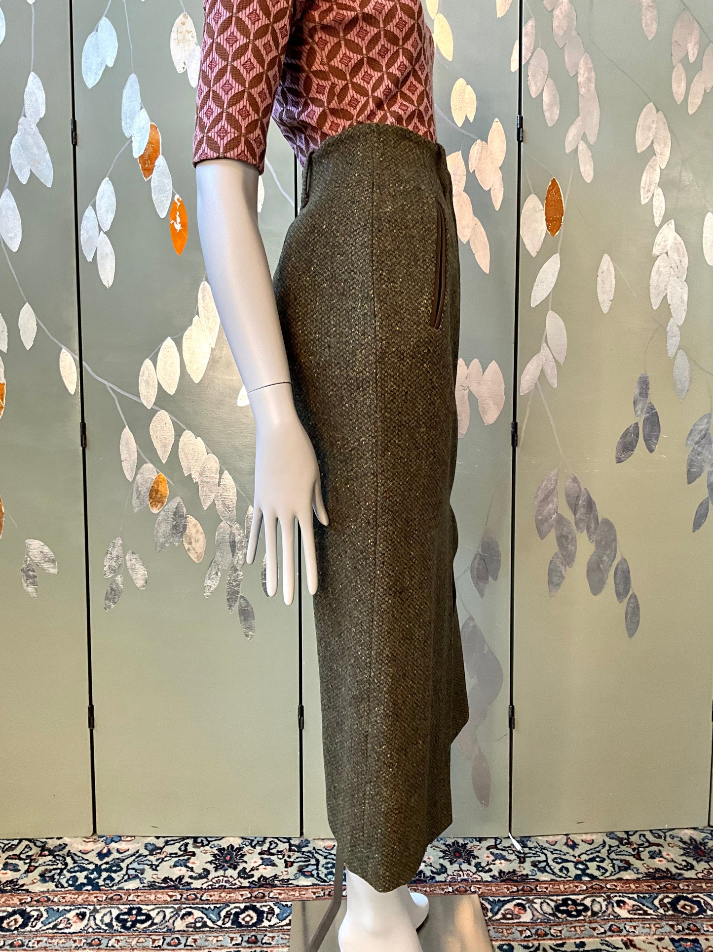 Vintage 1980s Deadstock Green Flecked Tweed Straight Midi Skirt, W30