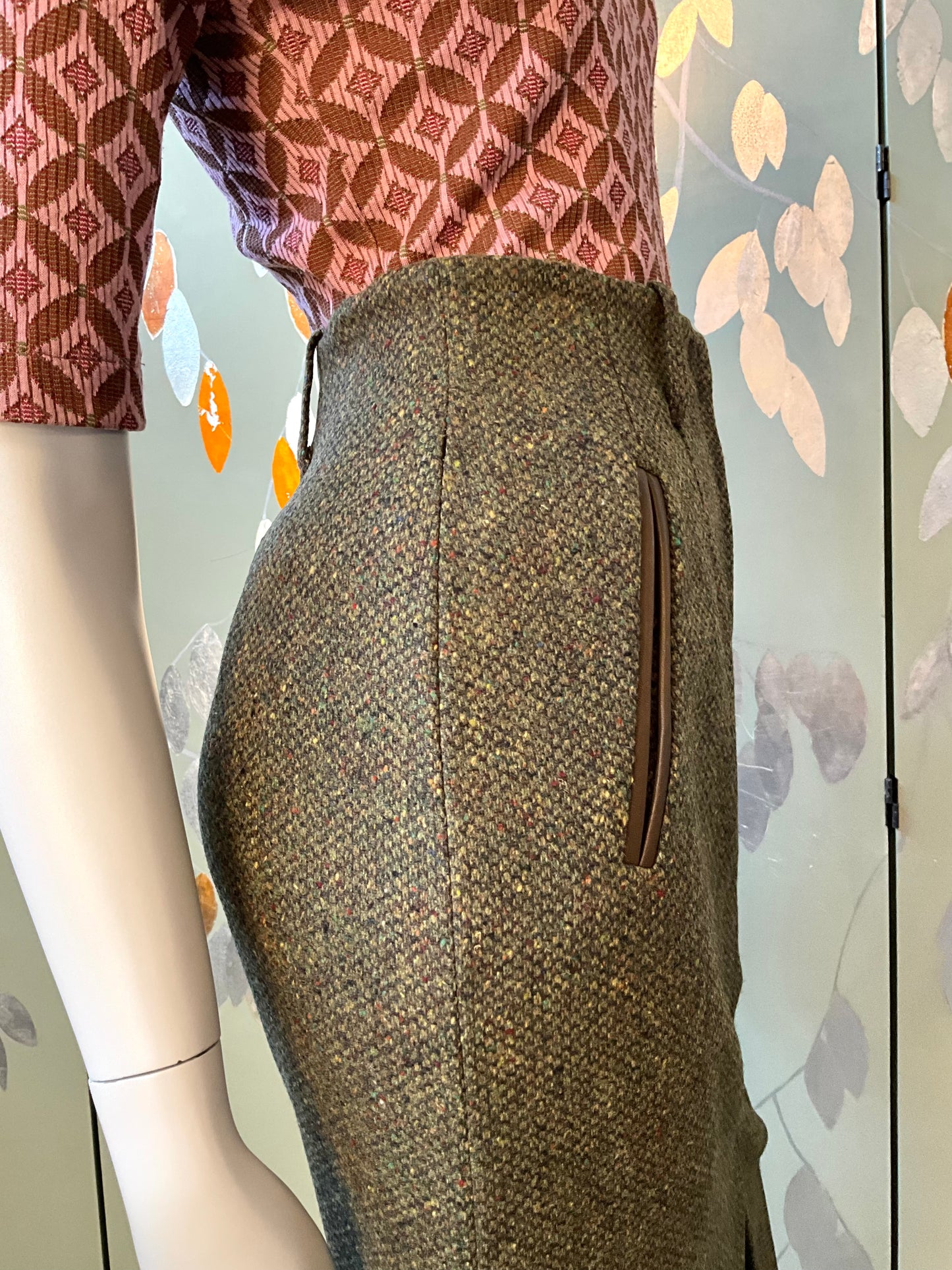 Vintage 1980s Deadstock Green Flecked Tweed Straight Midi Skirt, W30