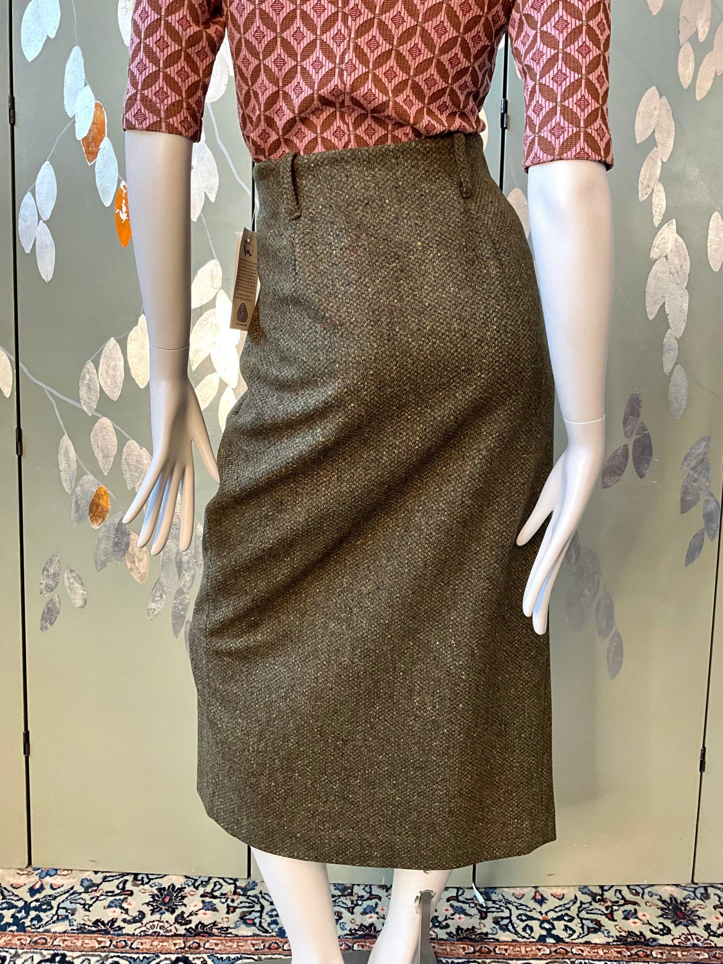 Vintage 1980s Deadstock Green Flecked Tweed Straight Midi Skirt, W30