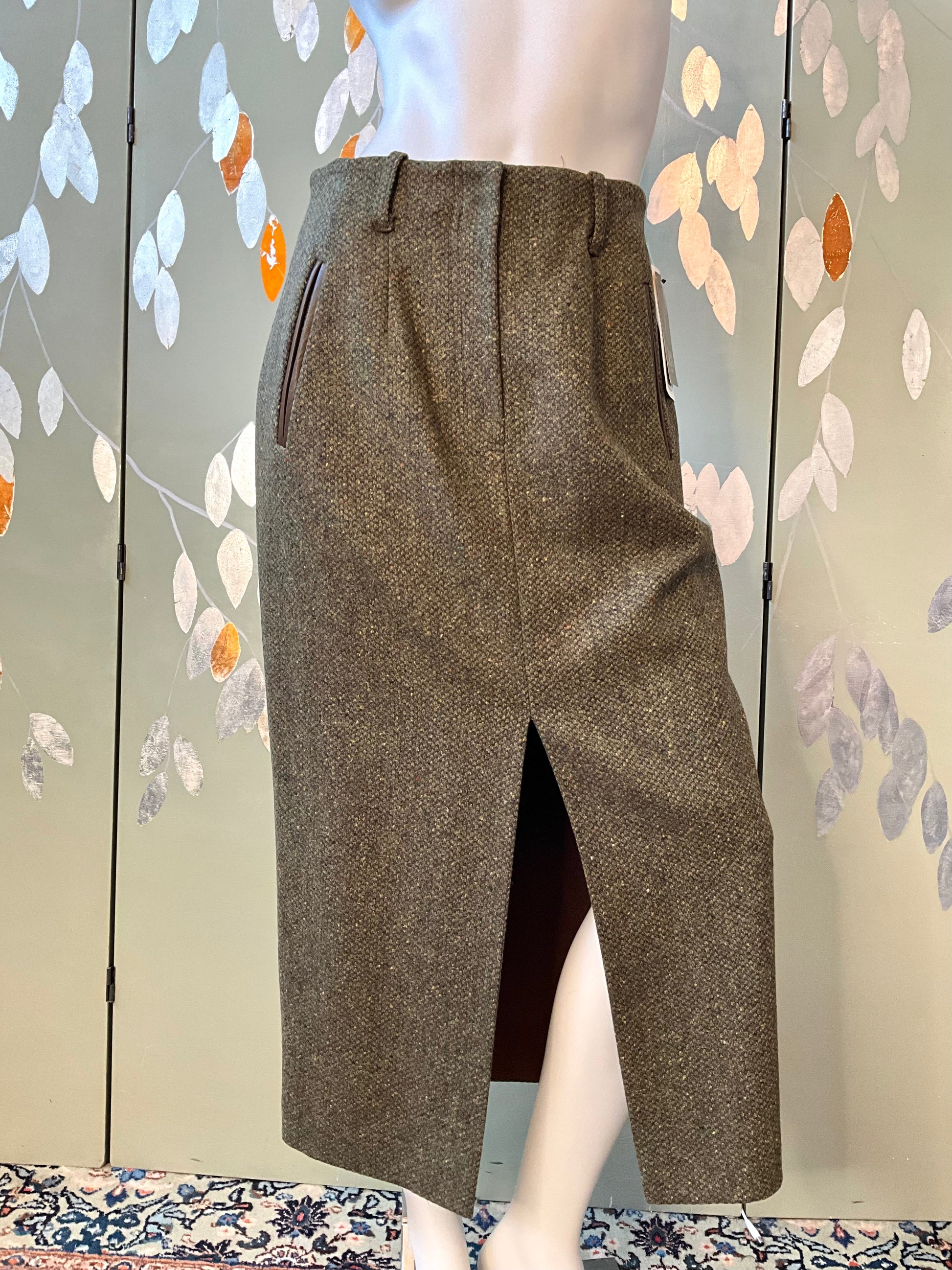 Vintage 1980s Deadstock Green Flecked Tweed Straight Midi Skirt, W30