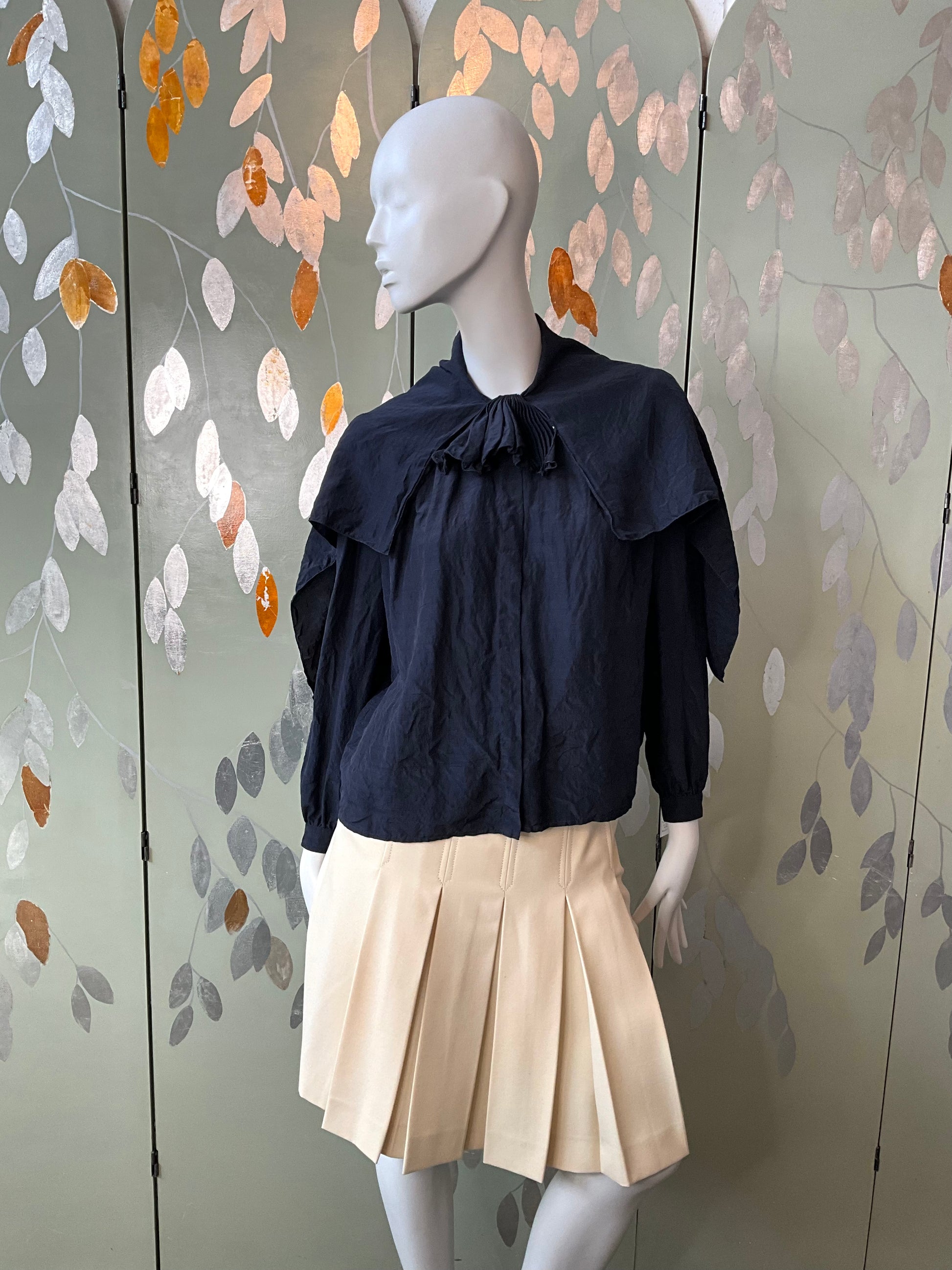 Vintage 1980s Valentino Navy Blue Silk Blouse with Capelet and Ruffle, L-XL