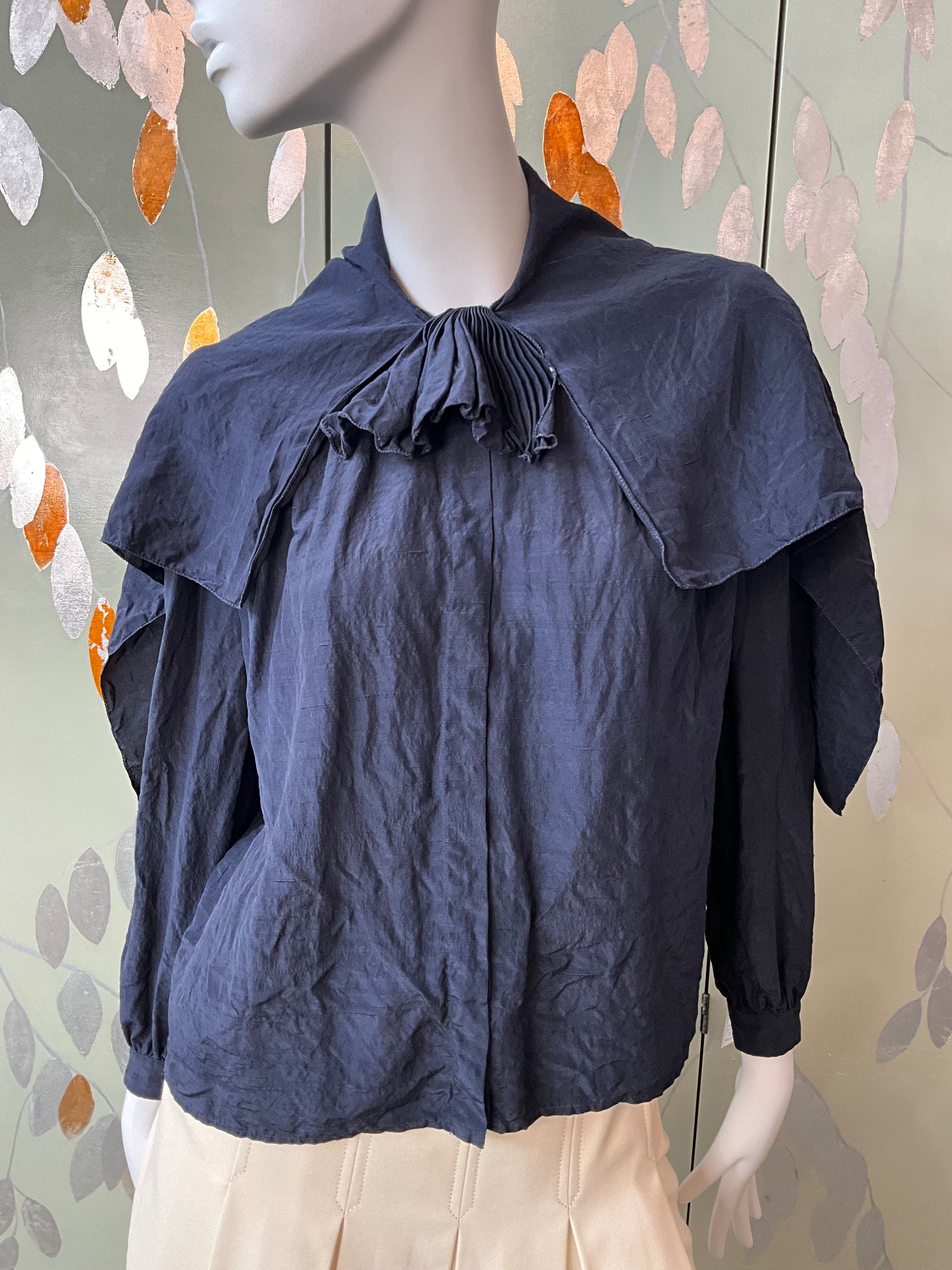 Vintage 1980s Valentino Navy Blue Silk Blouse with Capelet and Ruffle L XL