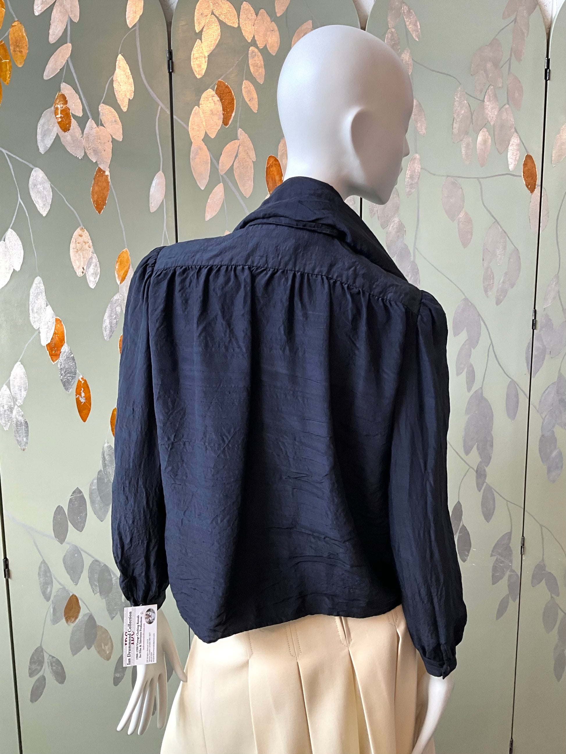 Vintage 1980s Valentino Navy Blue Silk Blouse with Capelet and Ruffle, L-XL