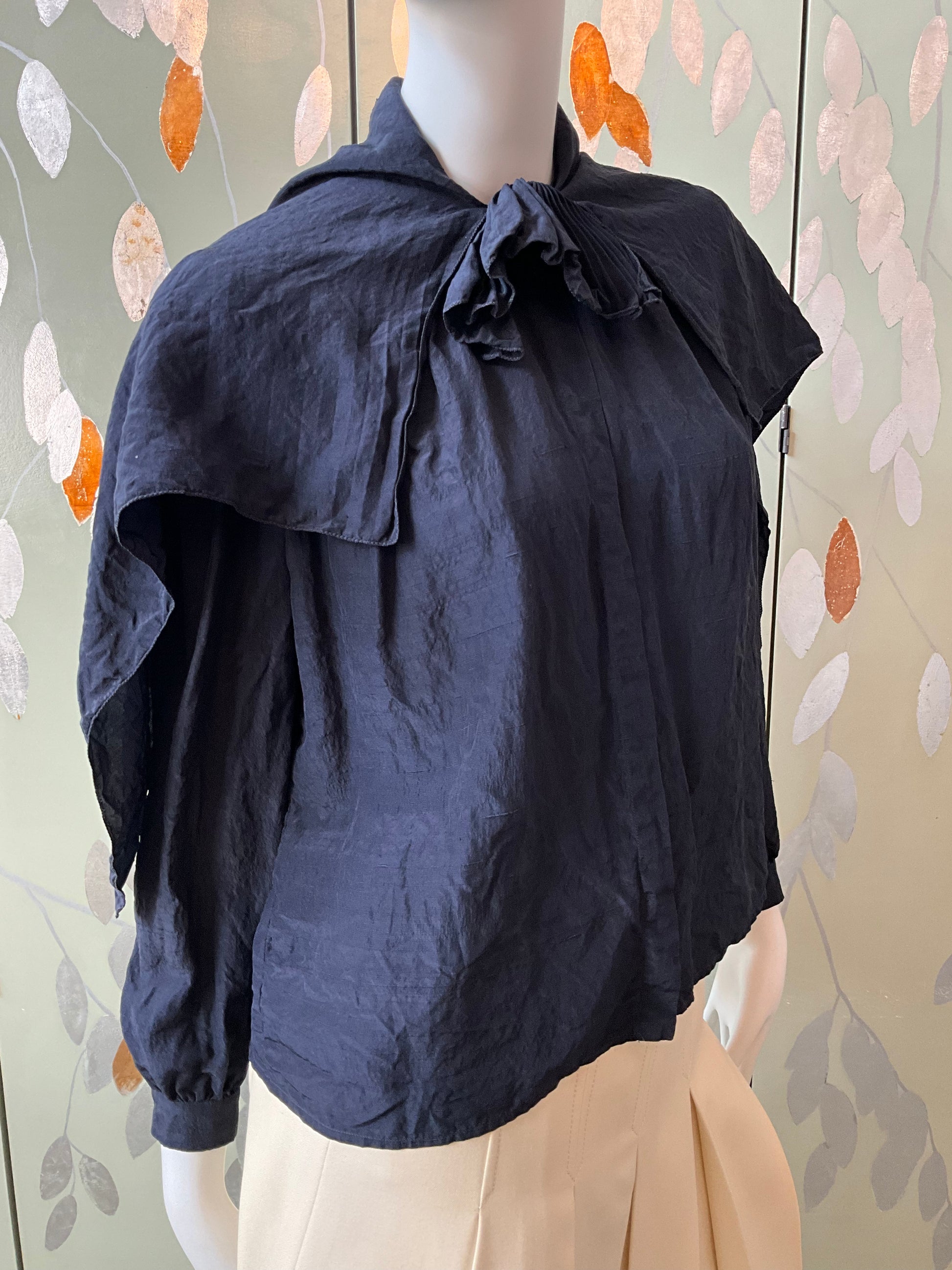 Vintage 1980s Valentino Navy Blue Silk Blouse with Capelet and Ruffle, L-XL