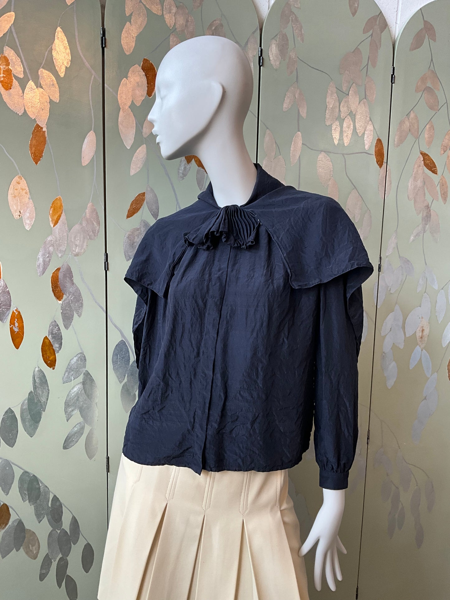 Vintage 1980s Valentino Navy Blue Silk Blouse with Capelet and Ruffle, L-XL