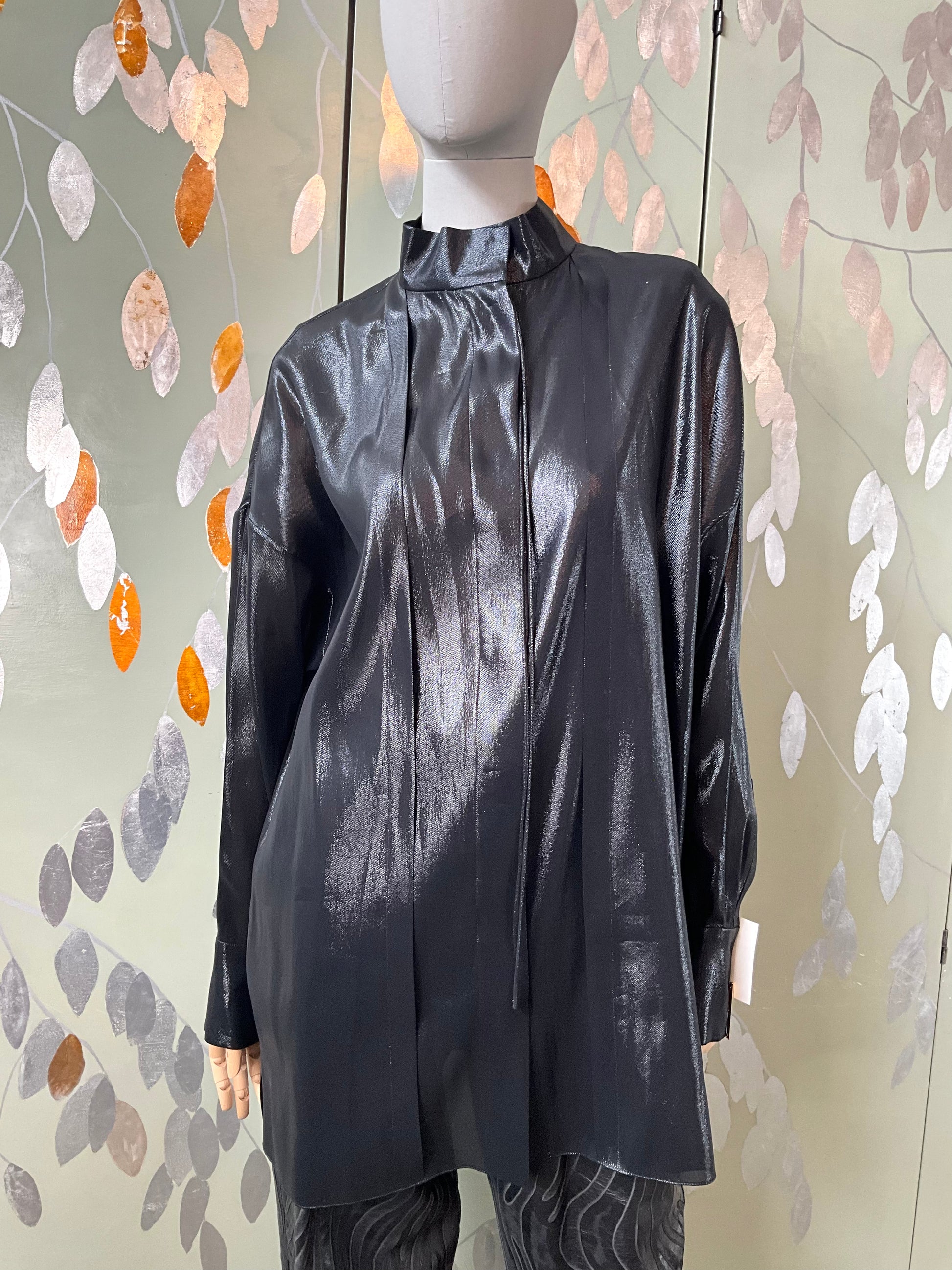 Alexandre Vauthier Metallic Black Long Sleeve Silk Blouse, Large